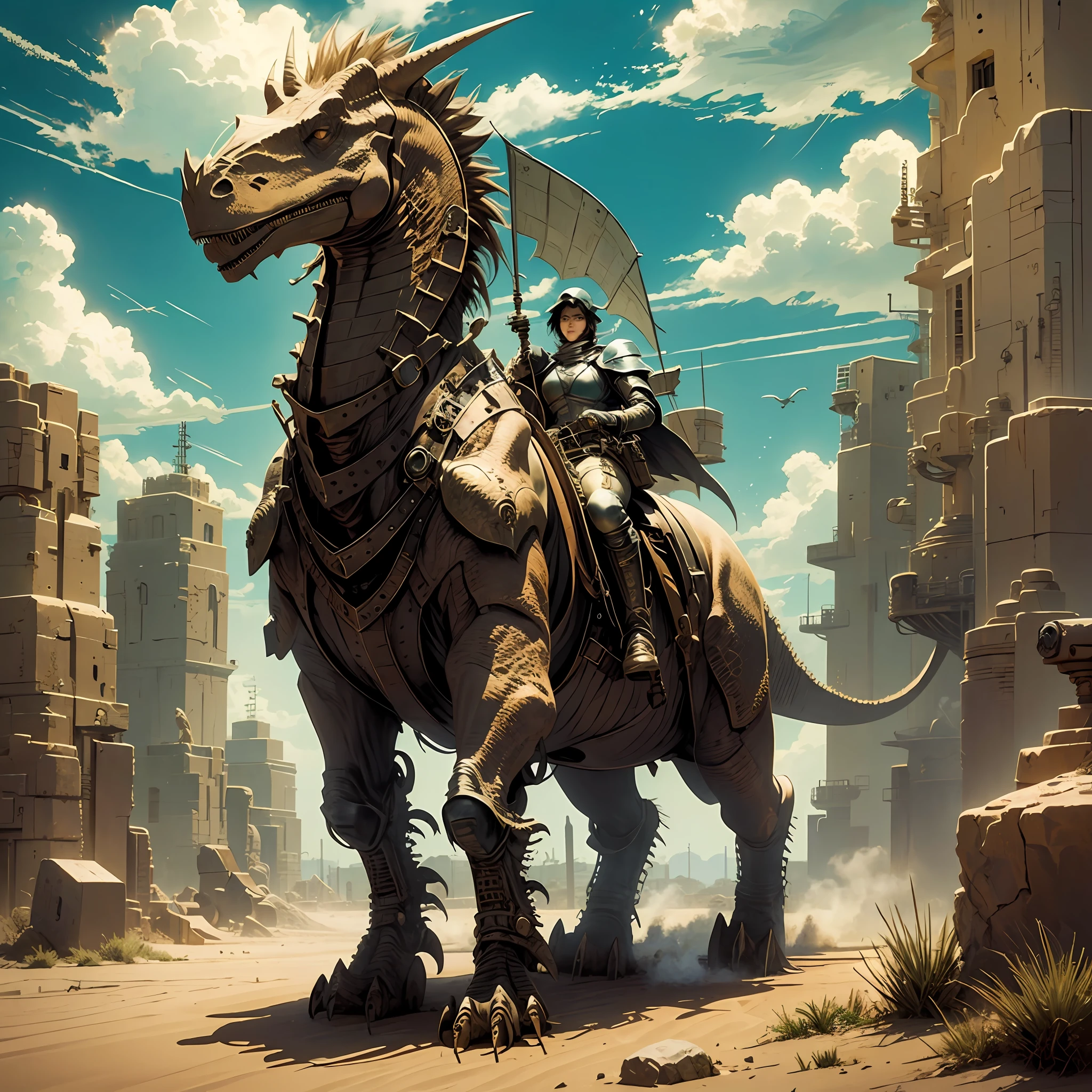 A steampunck knight riding a dinosaur in a desert town. In anime drawing style of the 90's --auto --s2