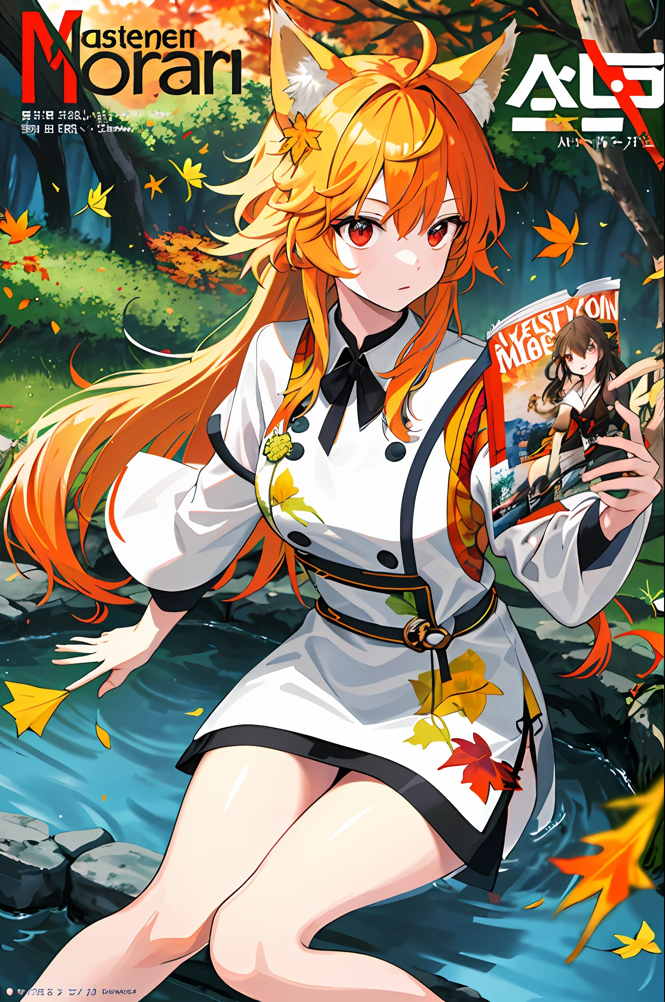 englai Fairyland,Chinese mythology,Colorful auspicious clouds,
autumn, autumn_leaves, falling_leaves, holding_leaf, leaf, leaf_background, leaf_hair_ornament, maple_leaf, aki_shizuha, leaf_print, starfish, anger_vein, ginkgo_leaf, leaf_on_head, spoken_anger_vein, tree, waterfall, sweet_potato, dragonfly, acorn, solo, braid, blurry_foreground, 1girl, day, painting, depth_of_field, blurry, long_hair, branch, hair_ornament, leaves_in_wind, forest, outdoors, nature, campfire, shirt, looking_at_viewer, onsen, koi, sitting, masterpiece, best quality, (best quality), ((masterpiece)), (highres), original, extremely detailed 8K wallpaper, (an extremely delicate and beautiful),((detailed face)),beautiful detail eyes,hair fluttering in the wind,messy hair,lens flare,
1girl,full body,(golden eye),(red eye),(wolf ear),(yellow hair),(wolf tail),(wolf ears),(a cute young girl:1.1),(wolf ear),beautiful detailed eyes,orange hair, very long hair,small breasts,(looking at viewer),
(magazine:1.3), (cover-style:1.3), fashionable, woman, vibrant, outfit, posing, front, colorful, dynamic, background, elements, confident, expression, holding, statement, accessory, majestic, coiled, around, touch, scene, text, cover, bold, attention-grabbing, title, stylish, font, catchy, headline, larger, striking, modern, trendy, focus, fashion,