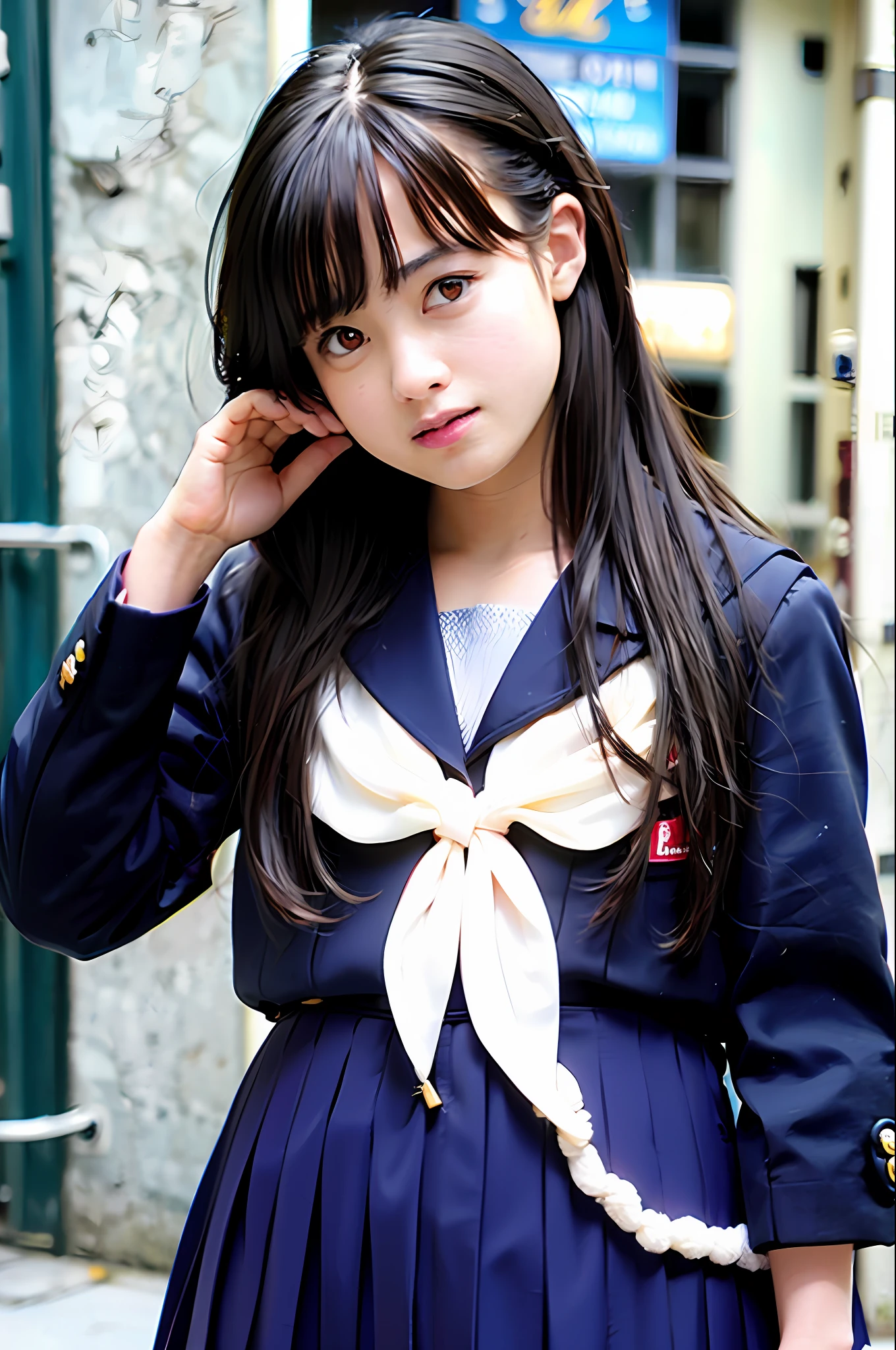 Top quality, masterpiece, ultra high resolution, (photorealistic: 1.4), raw photo, one girl, dark hair, shiny skin, dramatic lighting, full body,, cute, short skirt, standing deep in the city, cute schoolgirl, surreal schoolgirl wearing Japan schoolgirl uniform,