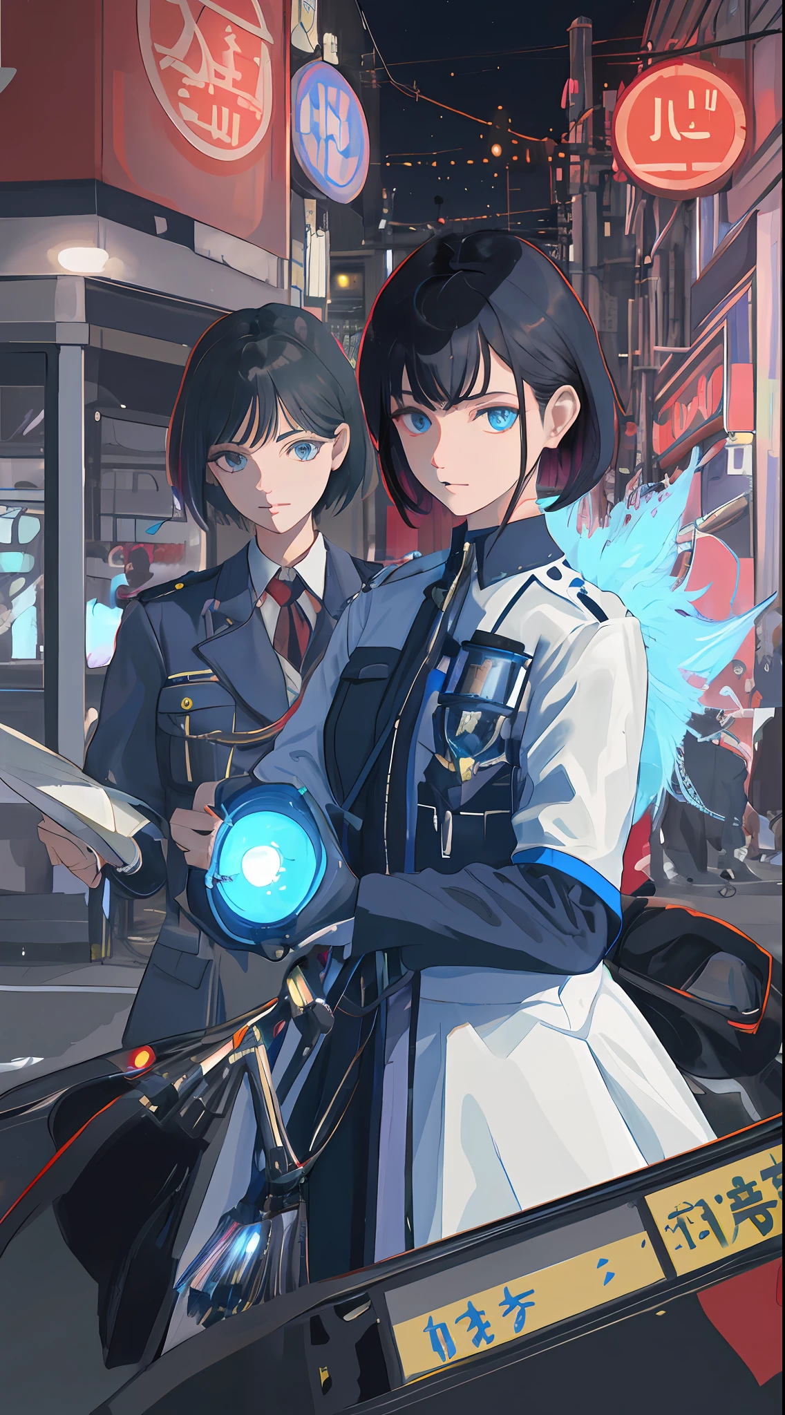 Masterpiece portrait of female police officer Shibuya at night, voluminous neon lighting caustics, (vermilion hair), aquamarine eyes, intricate details, pipes, cables, slim body, uniform, uniform, police box, police station, traffic light, intersection, white bike, baton, police car, woman with short black hair, beautiful face, beautiful eyes,