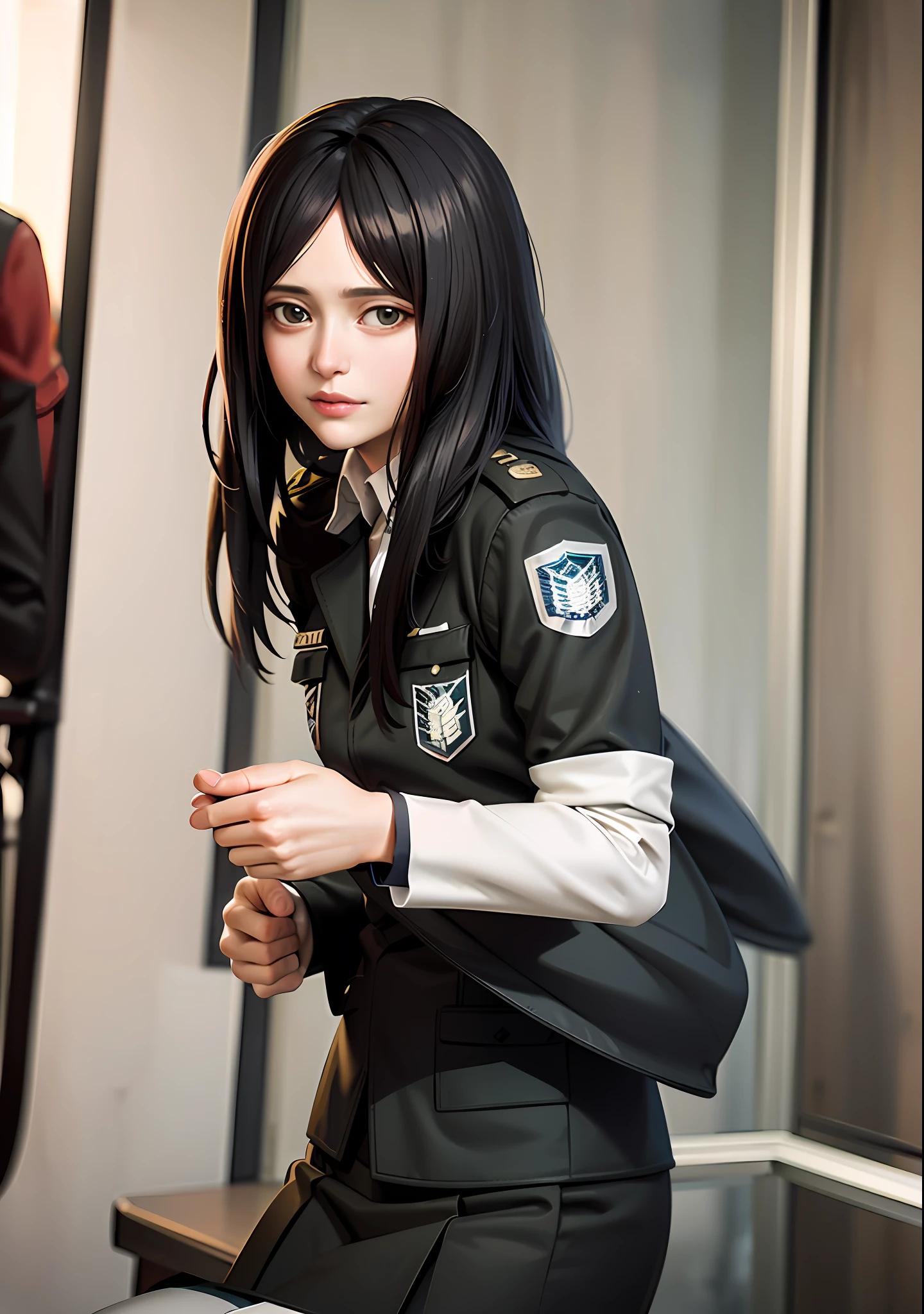 PieckAOT,looking_at_viewer, jacket, paradis_military_uniform, uniform, emblem, survey team_\(emblem\), military, military_uniform, solo_focus, multiple_boys, (Realistic, photorealistic: 1.37)