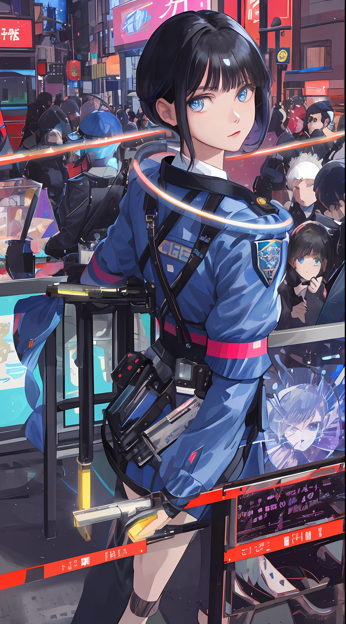 Masterpiece portrait of female police officer Shibuya at night, voluminous neon lighting caustics, (vermilion hair), aquamarine eyes, intricate details, pipes, cables, slim body, uniform, uniform, police box, police station, traffic light, intersection, white bike, baton, police car, woman with short black hair, beautiful face, beautiful eyes,