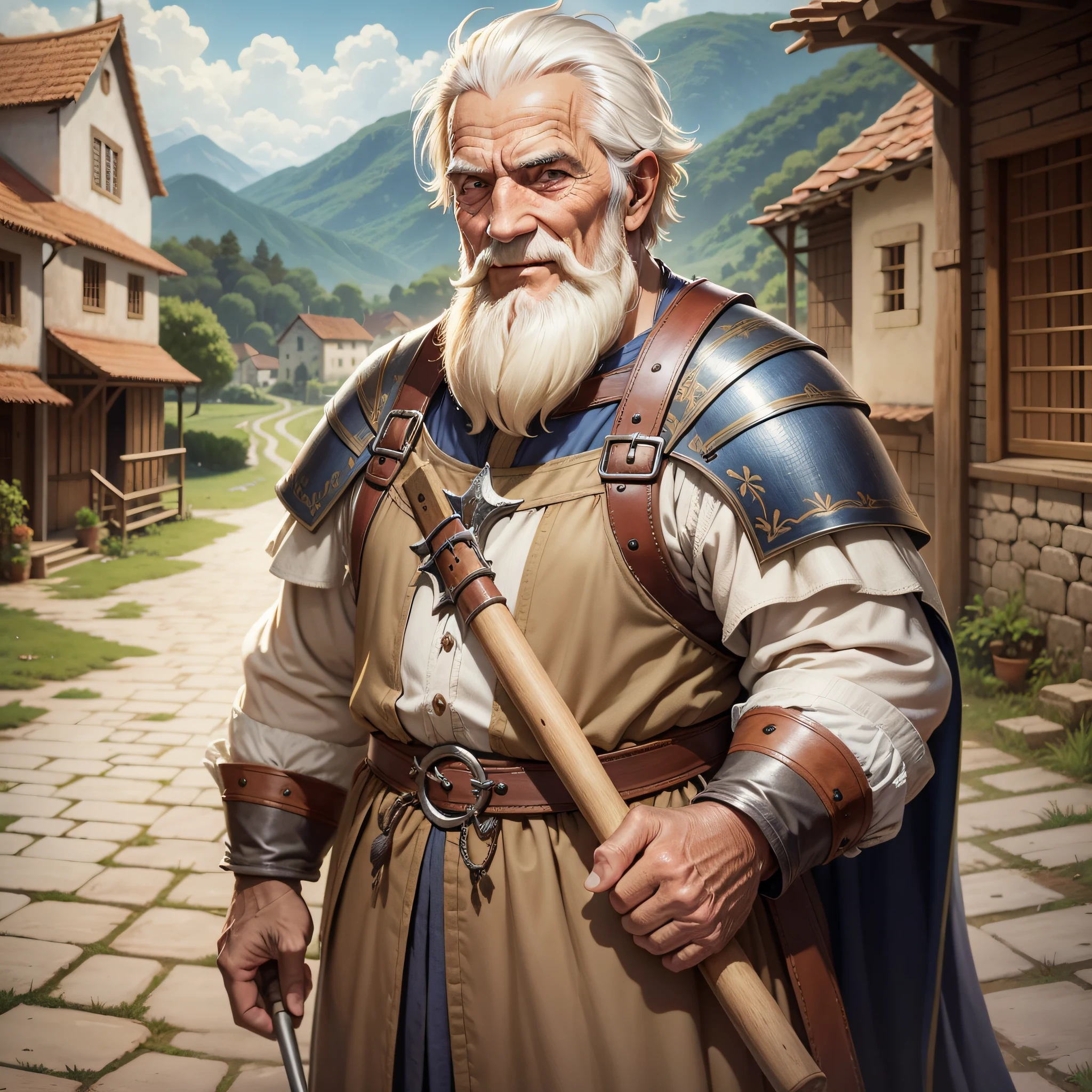 Medieval RPG style, old man using coreiro tools, a tired but proud look, a sympathetic smile on his face a small rural village in the background