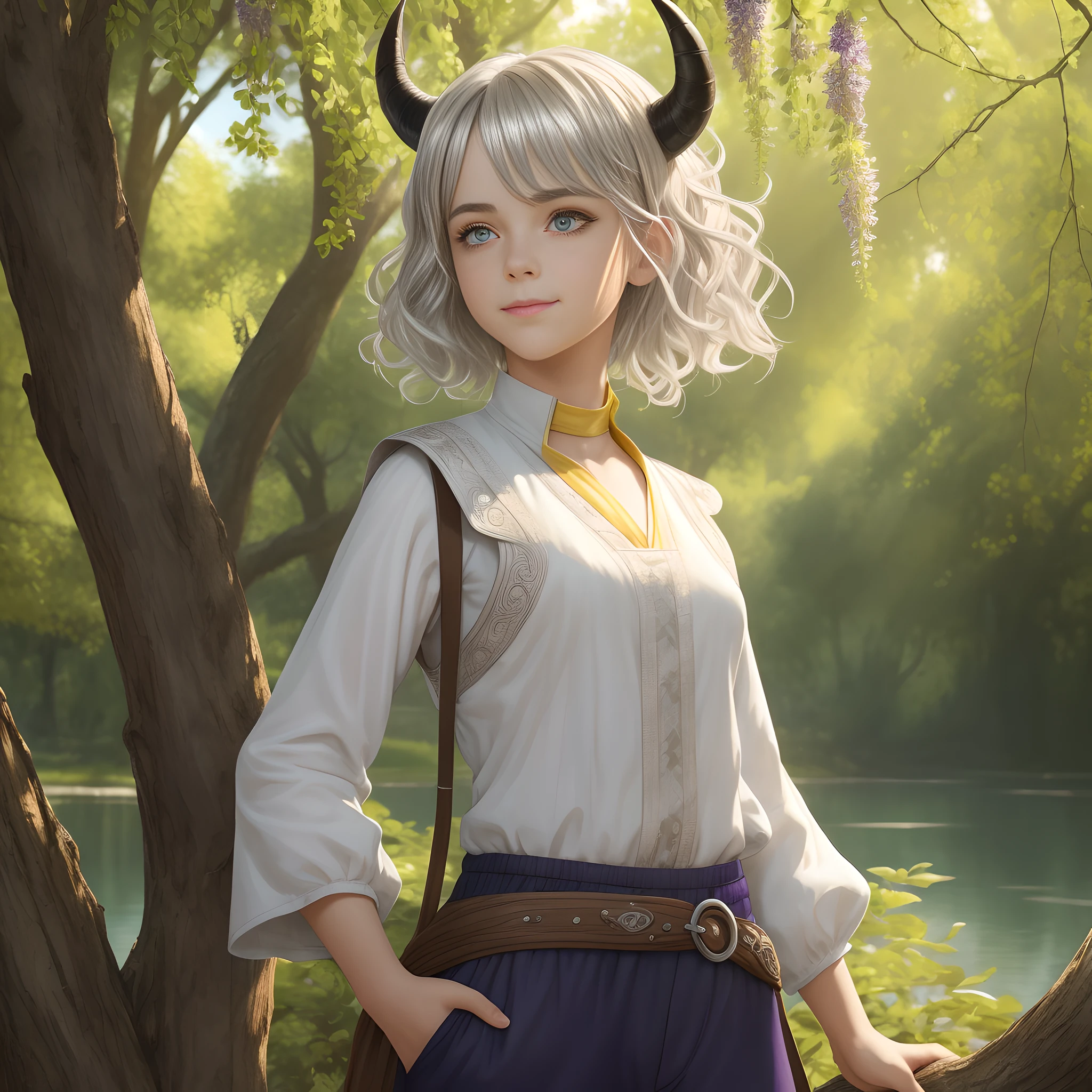 photorealistic zoom out full body photo of 1 billie eilish as a child tiefling ((with black horns)) wearing a medieval simple white shirt with a ((bright yellow vest and brown trousers)) as she plays next to a wisteria tree with a very wide smile. medieval page clothes. 1 8 female child wihappy face,((in the style of magic the gathering)),((short wavy messy hair)),((short silver haired)), ((short white haired:1.1)), highly detailed face and eyes with thick eyelashes,(( playing around the tree pose)),hd, realistic skin texture, sunny bright day with a wisteria tree and a small lake as the background, matte, by alphonse mucha, 8k, dnd, thick bushy eyebrows, (highest quality concept art), (high sharpness),(detailed pupils:1.1),(digital painting:1.1),masterpiece, best quality, (highly detailed photo:1.1), flat chest, sharp, professional lighting, film lighting, cinematography, ((zoom out)), full body digital painting, extremely detailed cg unity 8k wallpaper, high detail, photorealistic painting