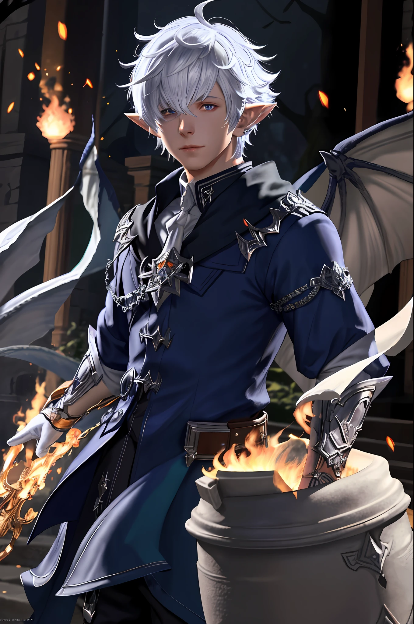 Alphinaud, looking at viewer, gloves, jewelry, upper body, magic, glowing, white gloves, hair over one eye, fantasy background, embers, flames, dragons, video game, octane render, specular highlights, detailed face, detailed eyes, detailed fabric, detailed skin, calming, soothing, healing, healer