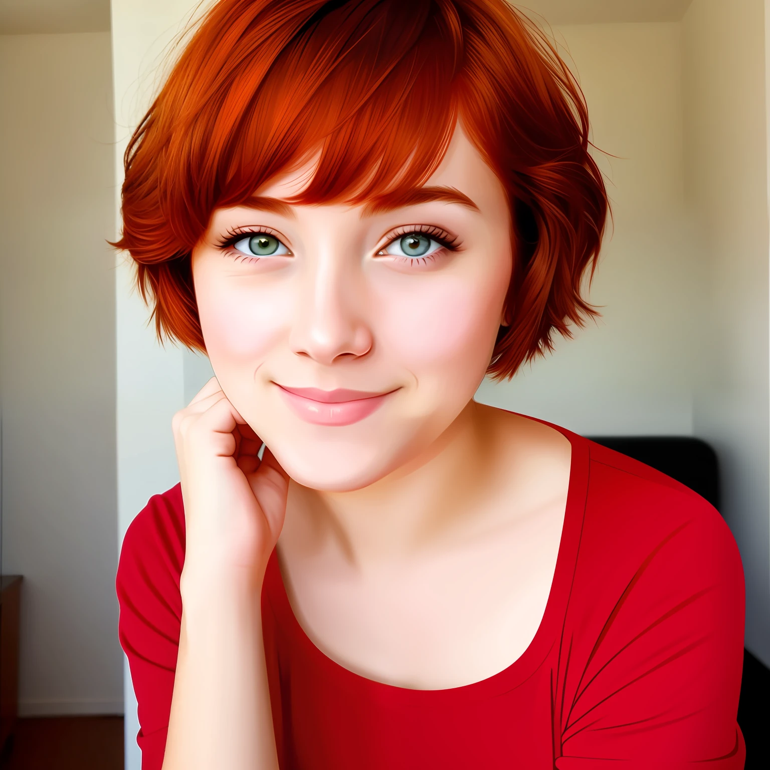 A red-haired girl with short hair and pinched eyes