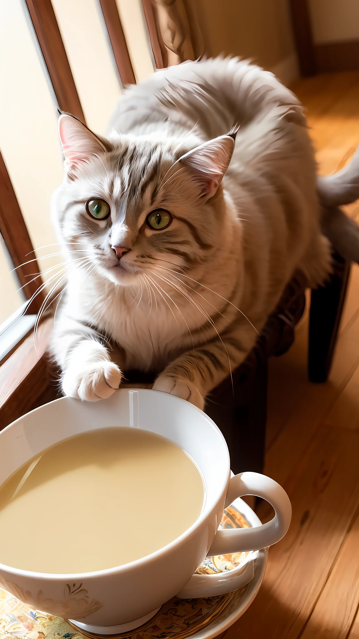 Cat, (Himalayan), (Small)))), in a teacup, Face, Front paws out, 8K, Professional photo, Delicate, Clear, On the table, Inside the house, Sunshine, Light Leak, Masterpiece, ((Pretty))), Fashionable Teacup, (Reality), Plush Toy, Round Pupils