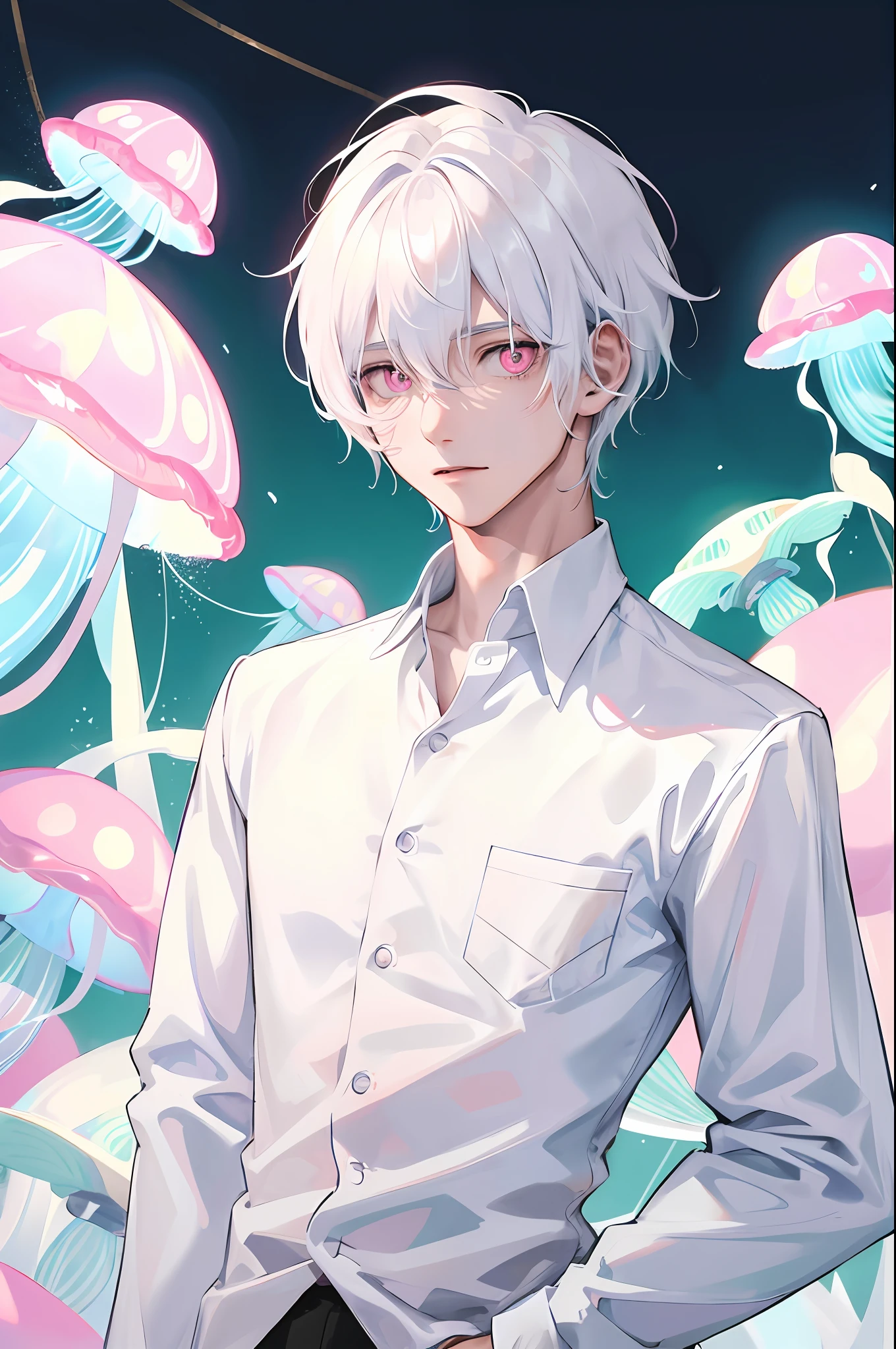 A boy, male jellyfish hybrid, white hair and pink eyes, wearing a white shirt.