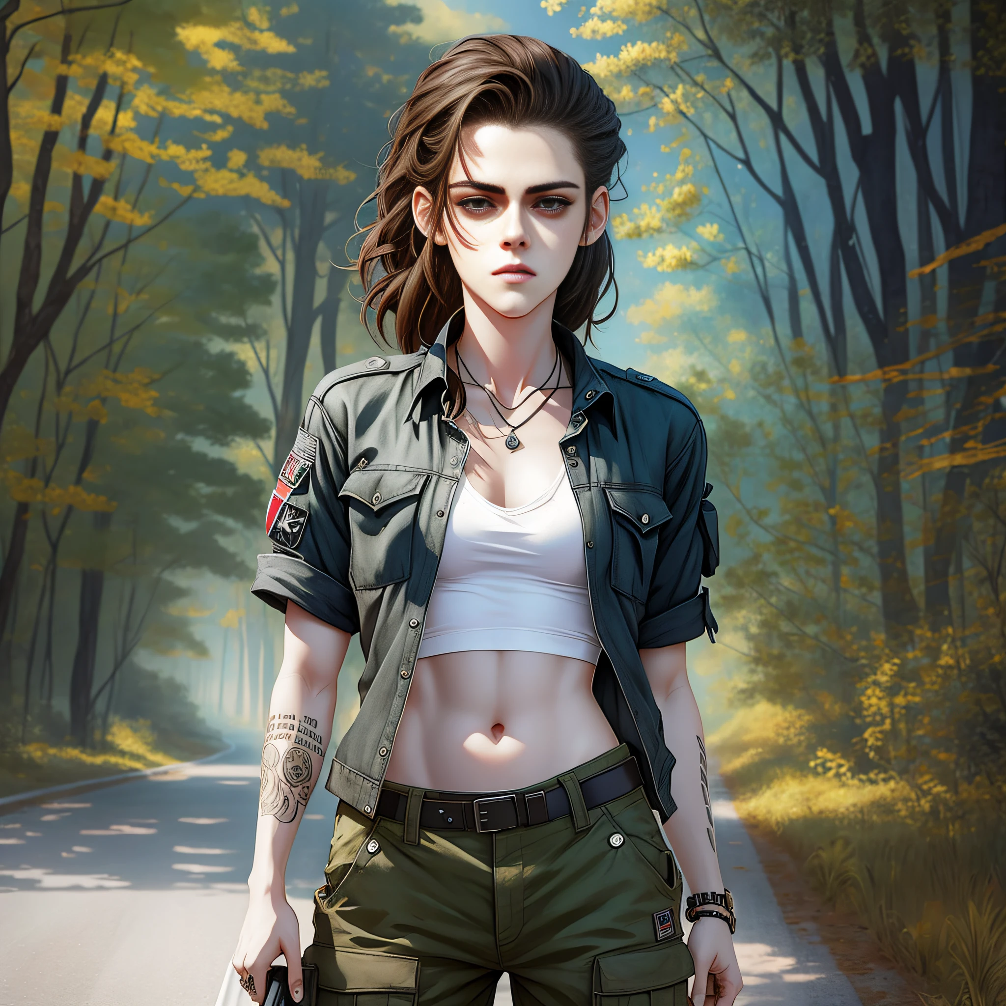 A man looking like Kristen Stewart with cargo pants and crop top. Realistic anime style. --auto --s2