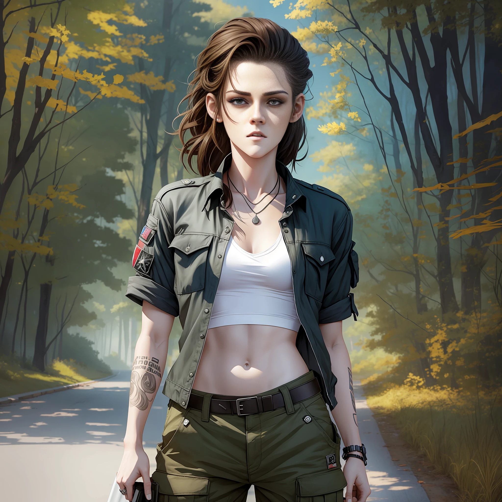 A man looking like Kristen Stewart with cargo pants and crop top. Realistic anime style. --auto --s2