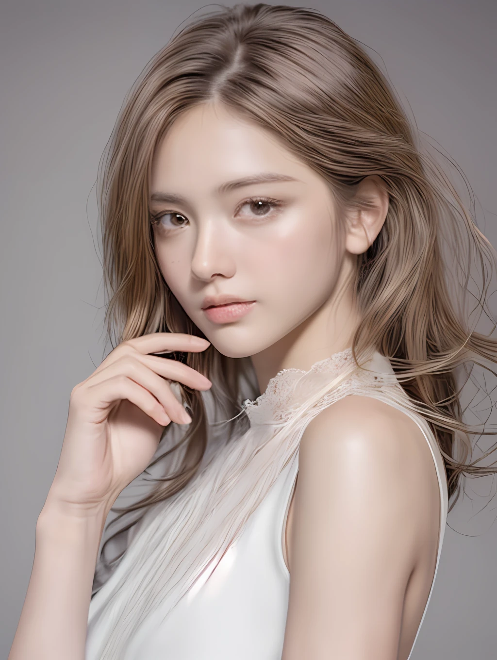 Realistic, Super Detailed, Beautiful, Slender, Cute, 30s, Beautiful Face, Actress, Mature, Upper Body, Light Brown Hair, Thin Hair, Small Face, Live Action, Best Quality, Very Elaborate CG Unity 8K Wallpaper, Ultra High Definition, Natural Fashion, Lighting, Medium Hair, (Puffy Eyes), Model Figure, Light Hair, Turning Pose, Ash Beige Hair, Model Pose, Studio shooting, white background, delicate skin quality, light curly hair close to straight hair, hands around mouth, adult clothes, hair model shoot, hair fluttering in the wind, transparent hair, elaborate hair fineness, soft hair, fine skin, bright photos, little hair