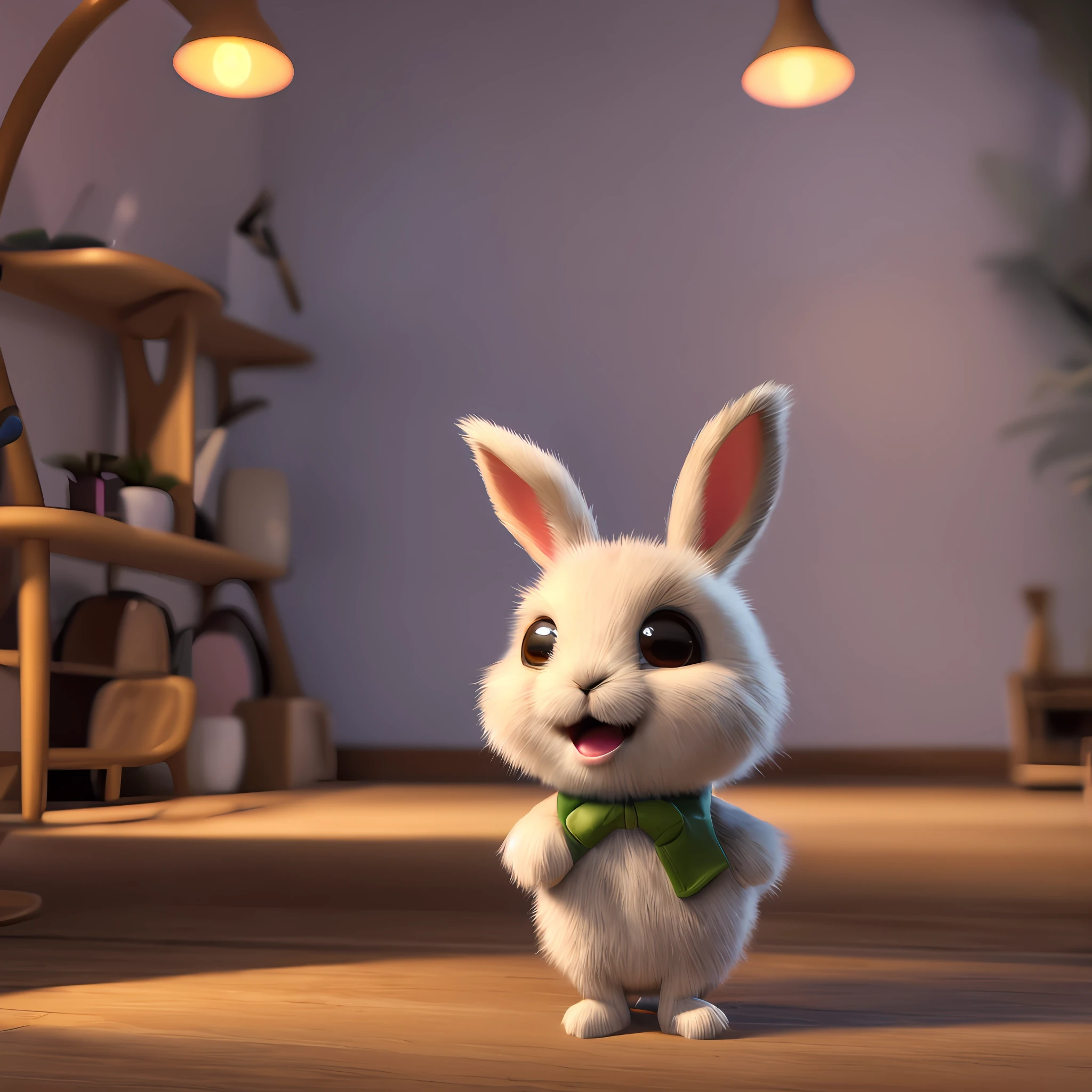 Cute adorable little bunny waving and smiling greeting me, unreal engine, cozy interior lighting, art station, detailed digital painting, cinematic, character design by mark ryden and pixar and hayao miyazaki, unreal 5, daz, hyper realistic, octane render, 3DMDT1