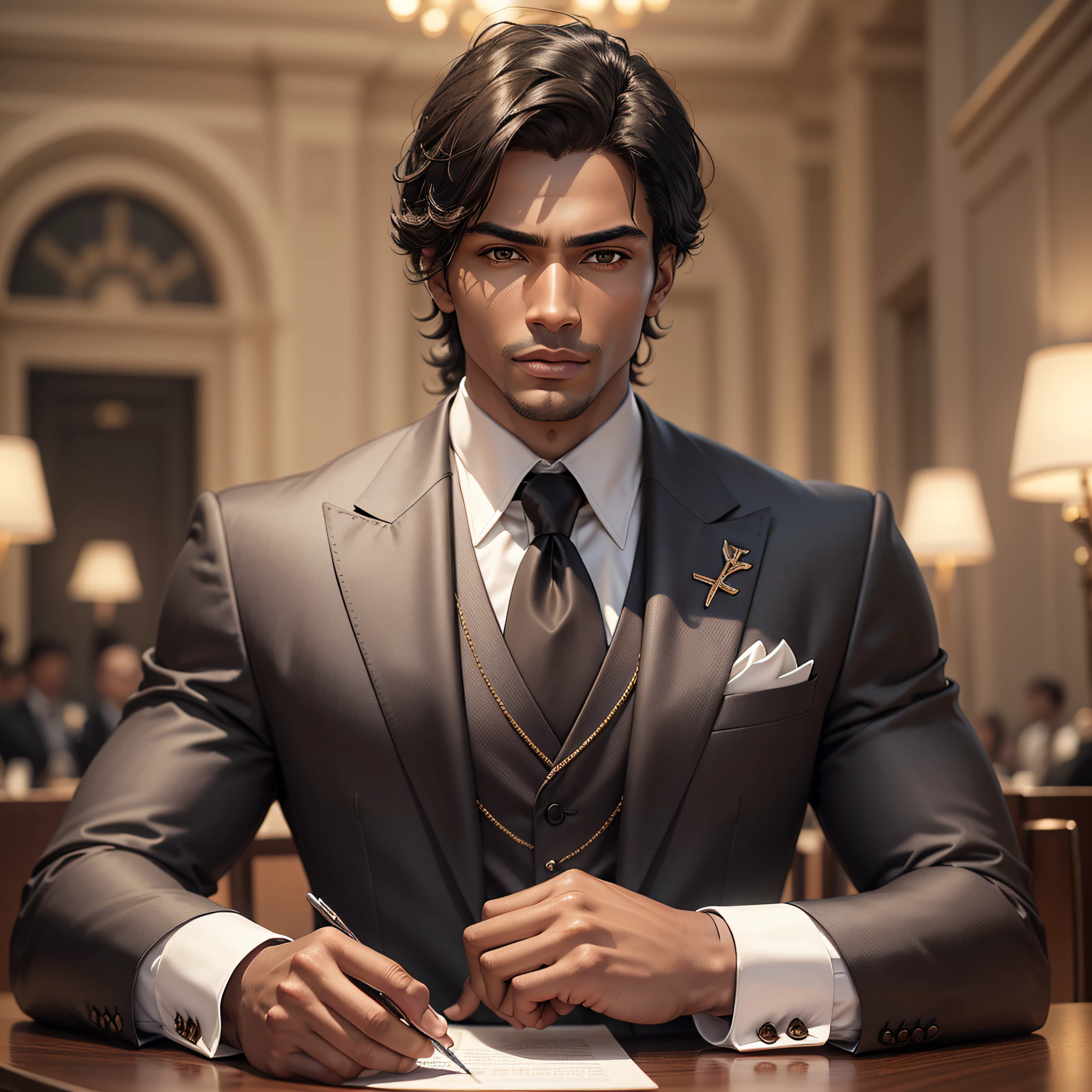 Create an ultra-realistic image of a man with brown skin, black hair and dark brown eyes, dressed in an elegant suit. Make sure every detail is as realistic as possible, from the folds of the fabric to the features of the character's face. To emphasize the sophistication and elegance of the character, make him have a haughty and confident posture. Your eyes should convey a powerful intensity, reflecting your intelligence and skill in all situations. Place it in an environment that enhances its presence, such as a high-end office or sophisticated event venue. Make sure that all the elements of the environment, from the furniture to the lighting, are in harmony with the elegant and impeccable appearance of the character. Ensure that the character's skin tone is correct, to avoid any stereotyping or misconception regarding appearance. The lighting should be adjusted to enhance the unique beauty of brown skin.. In short, the image should portray an ultra-realistic, confident and sophisticated man with brown skin, black hair and dark brown eyes, dressed in an elegant suit. The goal is to create an image that conveys elegance, quality and sophistication, with every detail created realistically and accurately. @F. --auto --s2