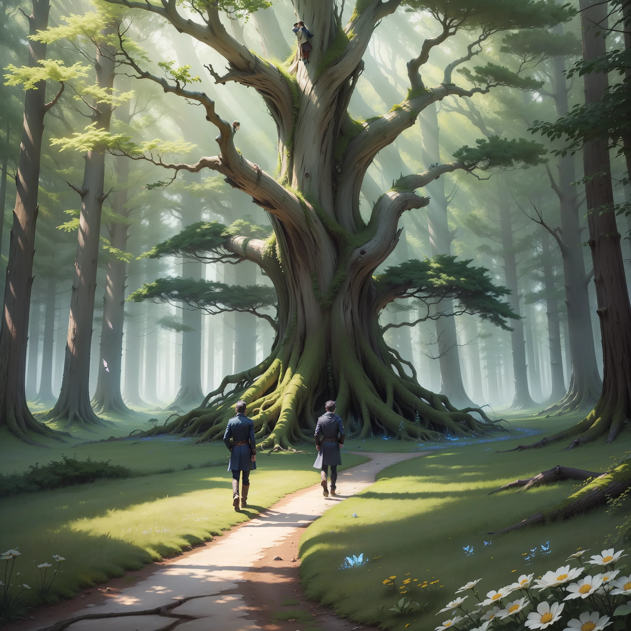 The Forest of Dreams
Dark-haired Thomas and his companions set out on their journey towards the next realm, entering a dense forest known as the Forest of Dreams. It was a mysterious place, shrouded in fog and filled with tall, centuries-old trees.
As they walked along the narrow trails that intertwined through the forest, Thomas and his friends felt a special atmosphere. It was as if the forest itself was alive, whispering secrets and ancient stories.
Suddenly, they found themselves facing an imposing tree, with intertwined roots and branches that stretched up to the sky. It was the Tree of Dreams, known for granting glimpses of dreams and hidden revelations.
Thomas cautiously approached the tree, feeling a pulsating energy around him. He touched the rough trunk and closed his eyes, allowing the magic of the Tree of Dreams to envelop him.
In an instant, Thomas found himself immersed in a vivid dream. He stood in a vast meadow, where flowers exuded heavenly scents and multicolored butterflies danced around him. In the distance, he spotted a mysterious figure dressed in white, walking towards him. --auto --s2
