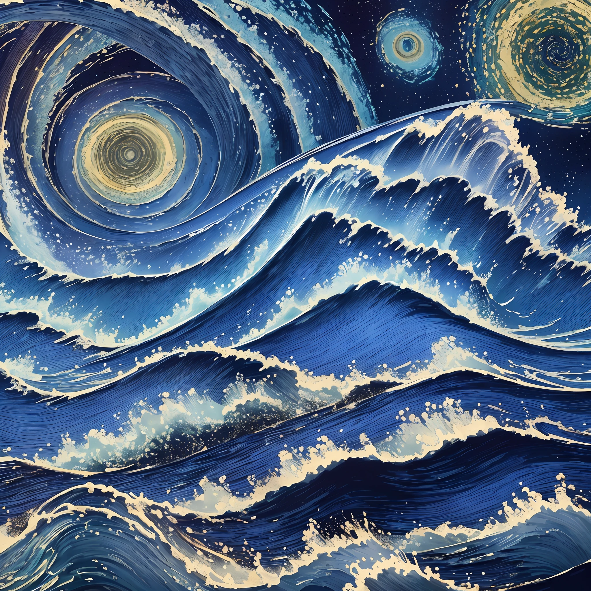 ((masterpiece)), (((best quality))), ((ultra-detailed)), ((illustration)),[realism light effect], [3d] Realistic rendition of waves of kanagawa in the style of starry night van gogh style --auto --s2