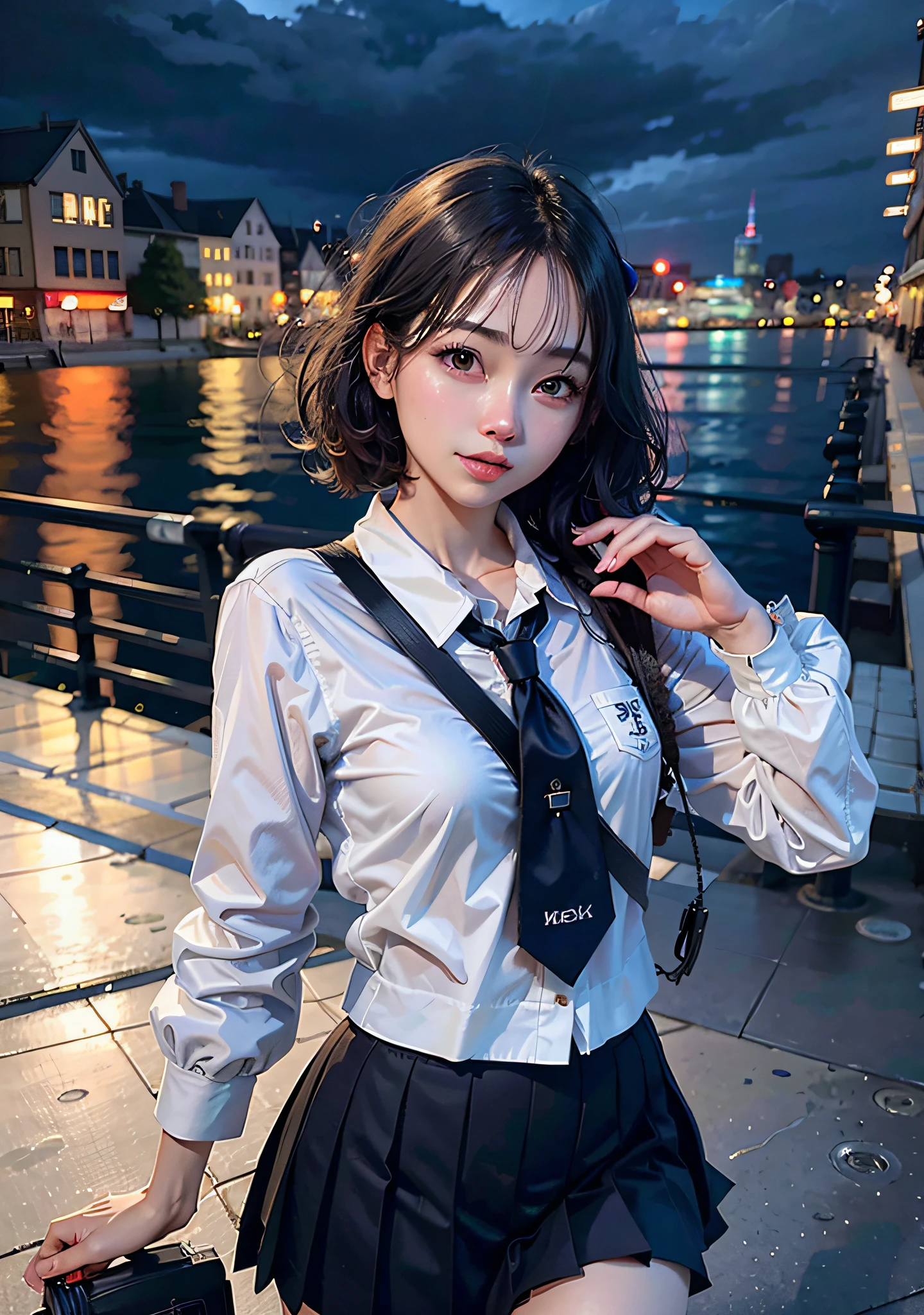 A short-haired schoolgirl by the sea, wearing a school uniform, school clothes, JK school uniform, perfect and exquisite facial features, cute expression, behind the sea with night view, beautiful sea, the reflection of the sea surface is very bright, the night ocean, thick bangs, girl, (8k, RAW photo, best quality, mastery:1.2), (realistic, photo-realistic:1.37), (pureerosface_v1:0. 2), (ulzzang-6500:0.6), omertosa, 1girl, (Kpop idol), (aegyo sal :1), cute, cityscape, night, rain, humidity, professional lighting, photon mapping, radiosity, physically based rendering