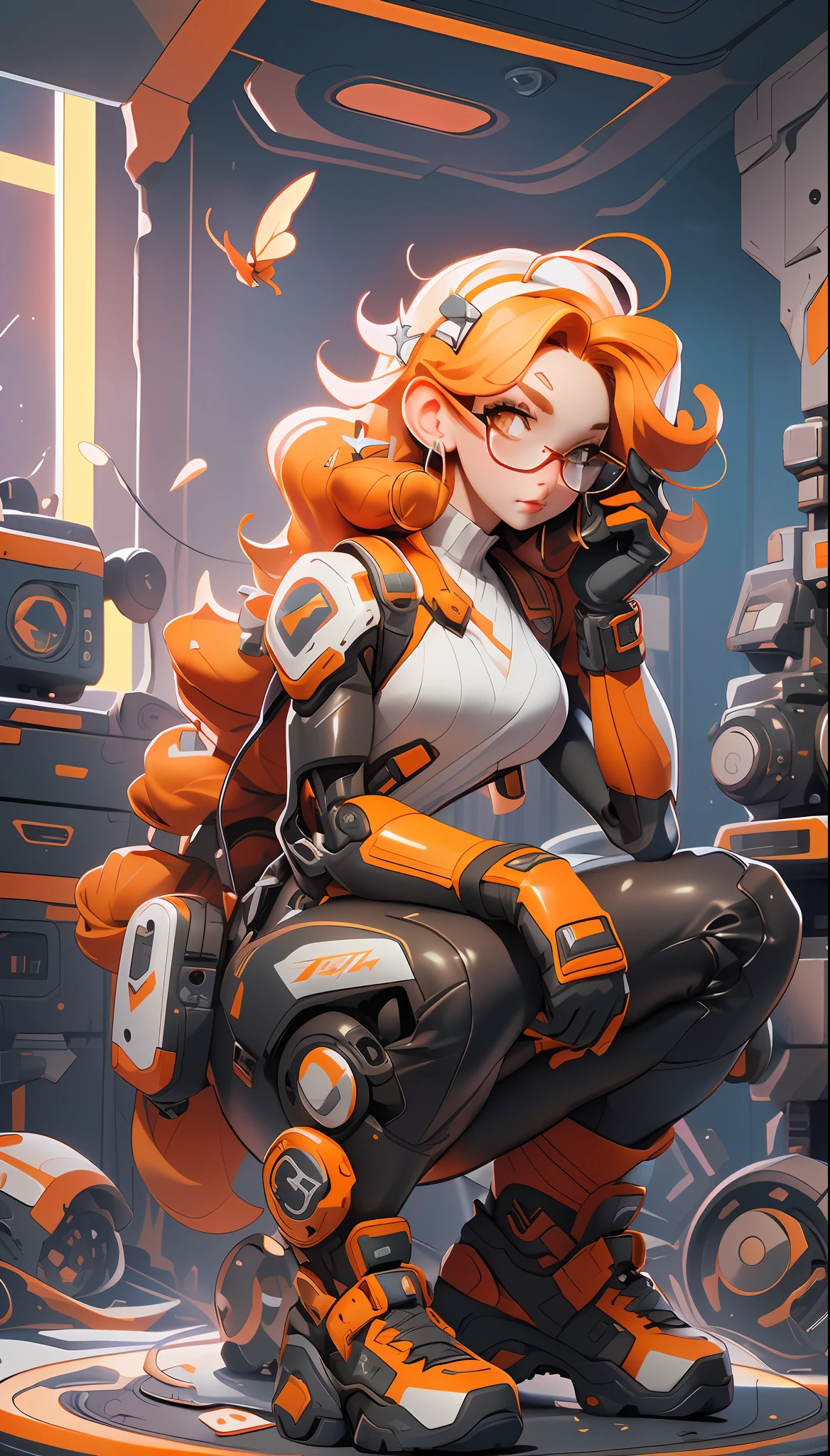 ((Best quality)), ((masterpiece)), (detailed: 1.4), (Absurd), paper, colorful line art, perfect face, mechanical girl with welder's glasses doing maintenance on a robot, shiny, sweaty tanned skin, crouched back looking at the viewer, muscular sculptural body defined, (((full body))), half-thick naked thighs, closed mouth, muscular body covered by orange mechanical clothing, generous neckline,  ((perfect small breasts)), ((totally orange clothing)), (((moth blonde hair)))), long black eyelashes heavy makeup, niji --V5, close to real, psychopathic, crazy face, sexy pose, technological background, 2 piece clothing, centered, scale to fit dimensions, HDR (High Dynamic Range),Ray Tracing,NVIDIA RTX,Super-Resolution,Unreal 5,Subsurface dispersion, PBR texture, Post-processing, Anisotropic filtering,  Depth of field, Maximum clarity and sharpness, Multilayer textures, Albedo and specular maps, Surface shading, Accurate simulation of light-material interaction, Perfect proportions, Octane Render, Two-tone lighting, Wide aperture, Low ISO, White balance, Rule of thirds, 8K RAW, crysisnanosuit