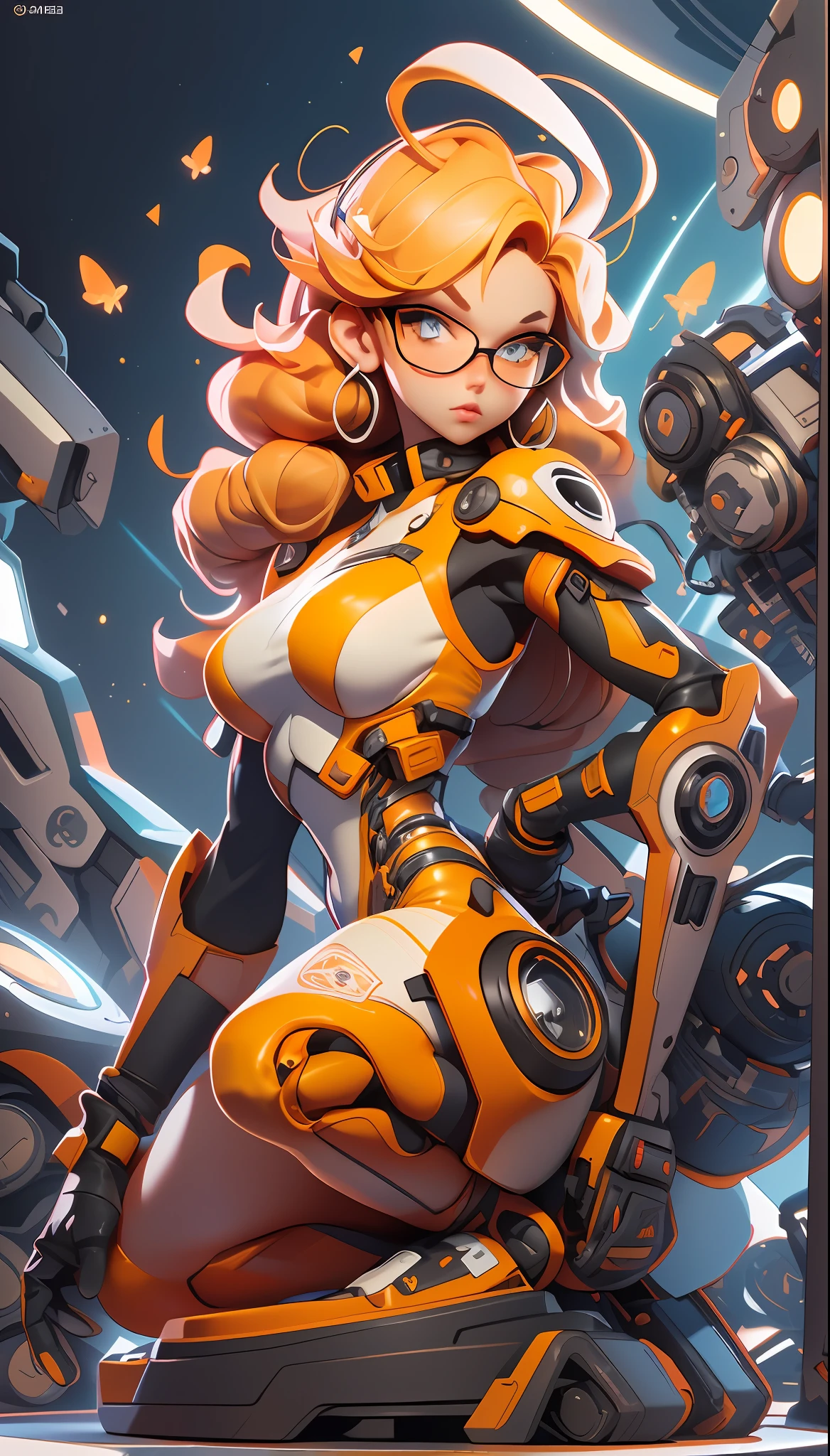 ((Best quality)), ((masterpiece)), (detailed: 1.4), (Absurd), paper, colorful line art, perfect face, mechanical girl with welder's glasses doing maintenance on a robot, shiny, sweaty tanned skin, crouched back looking at the viewer, muscular sculptural body defined, (((full body))), half-thick naked thighs, closed mouth, muscular body covered by orange mechanical clothing, generous neckline, ((perfect small breasts)), ((totally orange clothing)), (((moth blonde hair)))), long black eyelashes heavy makeup, niji --V5, close to real, psychopathic, crazy face, sexy pose, technological background, 2 piece clothing, centered, scale to fit dimensions, HDR (High Dynamic Range),Ray Tracing,NVIDIA RTX,Super-Resolution,Unreal 5,Subsurface dispersion, PBR texture, Post-processing, Anisotropic filtering, Depth of field, Maximum clarity and sharpness, Multilayer textures, Albedo and specular maps, Surface shading, Accurate simulation of light-material interaction, Perfect proportions, Octane Render, Two-tone lighting, Wide aperture, Low ISO, White balance, Rule of thirds, 8K RAW, crysisnanosuit