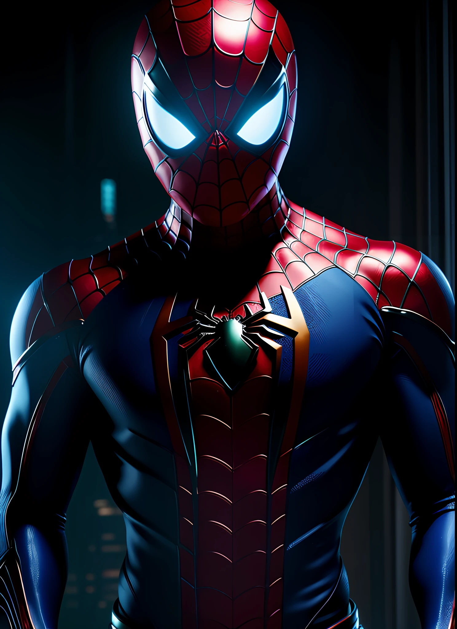 midjourny-v4 style, Professional Photoshot medium a spiderman perfectly with highly detailed intricate cybernetics outfit, highly detailed beautiful face, standing in darkness with black particles surrounded the body, proportional body shape + perfect anatomy, symetrical dynamic pose, volumetric shadow, neon glowing dust particles effect + detailed particles, full hd render + 3d octane render + unreal engine 5 graphic 4k UHD + immense detail + dramatic lighting + well lit + intricate + fine details + octane render + Ray tracing + 8k + sharp focus + high vibran contrast, in the style Marvel style, trending on ArtStation