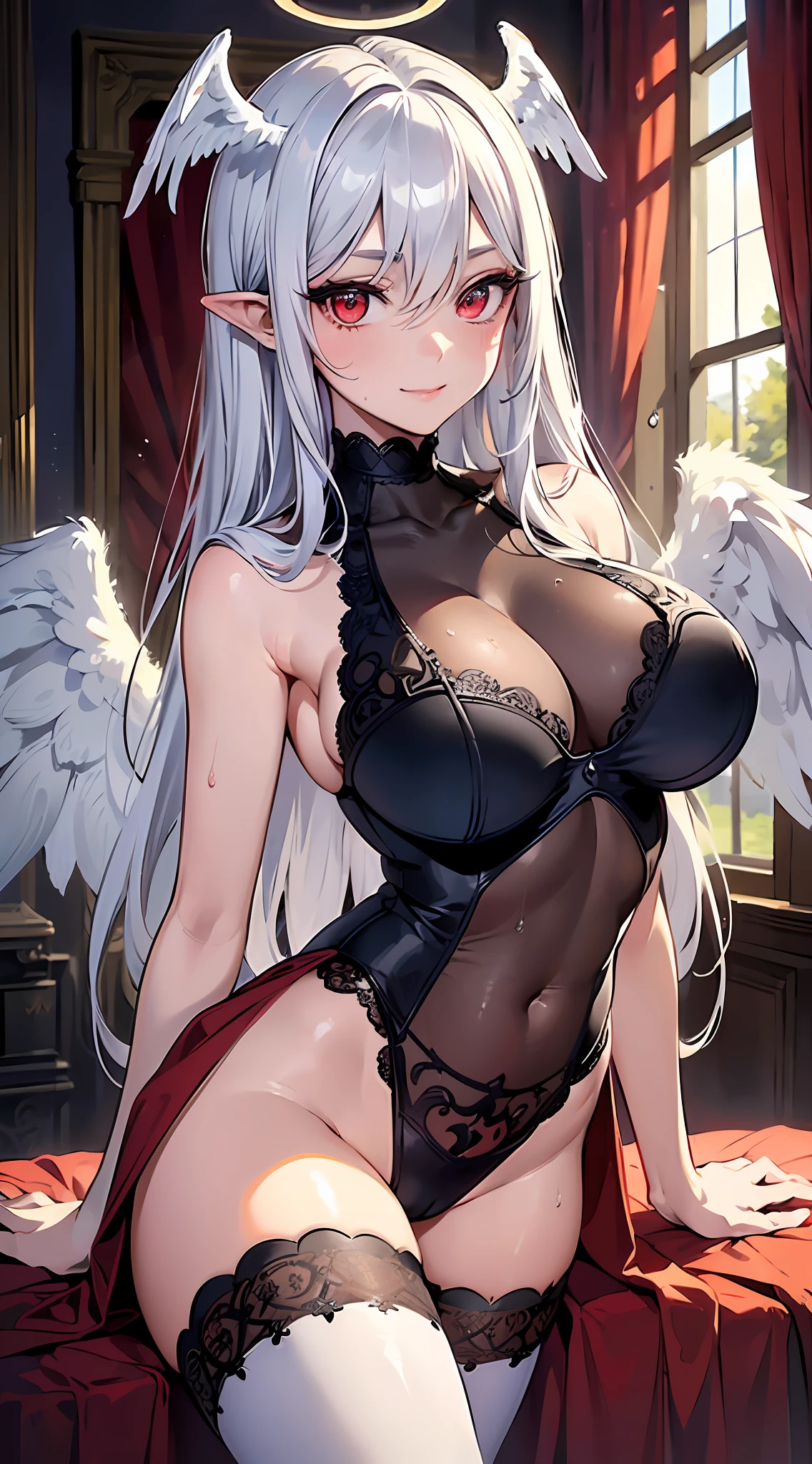 (best quality), best illustration, intricate details, ultra detailed, (2D), hair between eyes, splendid illustration, extremely detailed, (sketch), 1girl, (bishoujo), ((beautiful detailed face)), (pretty_face+round_face), ((beautiful detailed eyes)), (red eyes), transparent eyes, (((gigantic breasts))), (bishoujo:1.3), (perfect face), (solo), extremely Detailed CG, (extremely beautiful), best quality, high quality, dynamic angle, (masterpiece:1.2), (eyelashes:1.2), (dark eyelashes:1.1), (eyeliner:1.2), (deep red eyes:1.2), (big eyes:1.2), narrow waist, (bright skin), (ultra-detailed), illustation, bangs, (detailed shading), sweaty, looking at viewer, 1girl, solo, silver hair, bangs, hair between eyes, (detailed shading), pointy ears, erect, ((white wings)), ((angel halo)), (cameltoe), sweaty, dripping sweat, ripped stockings, red bed, window, red curtains, background medieval city, sunlight, elegant room, finely detailed background, black lingerie, (seductive smile)