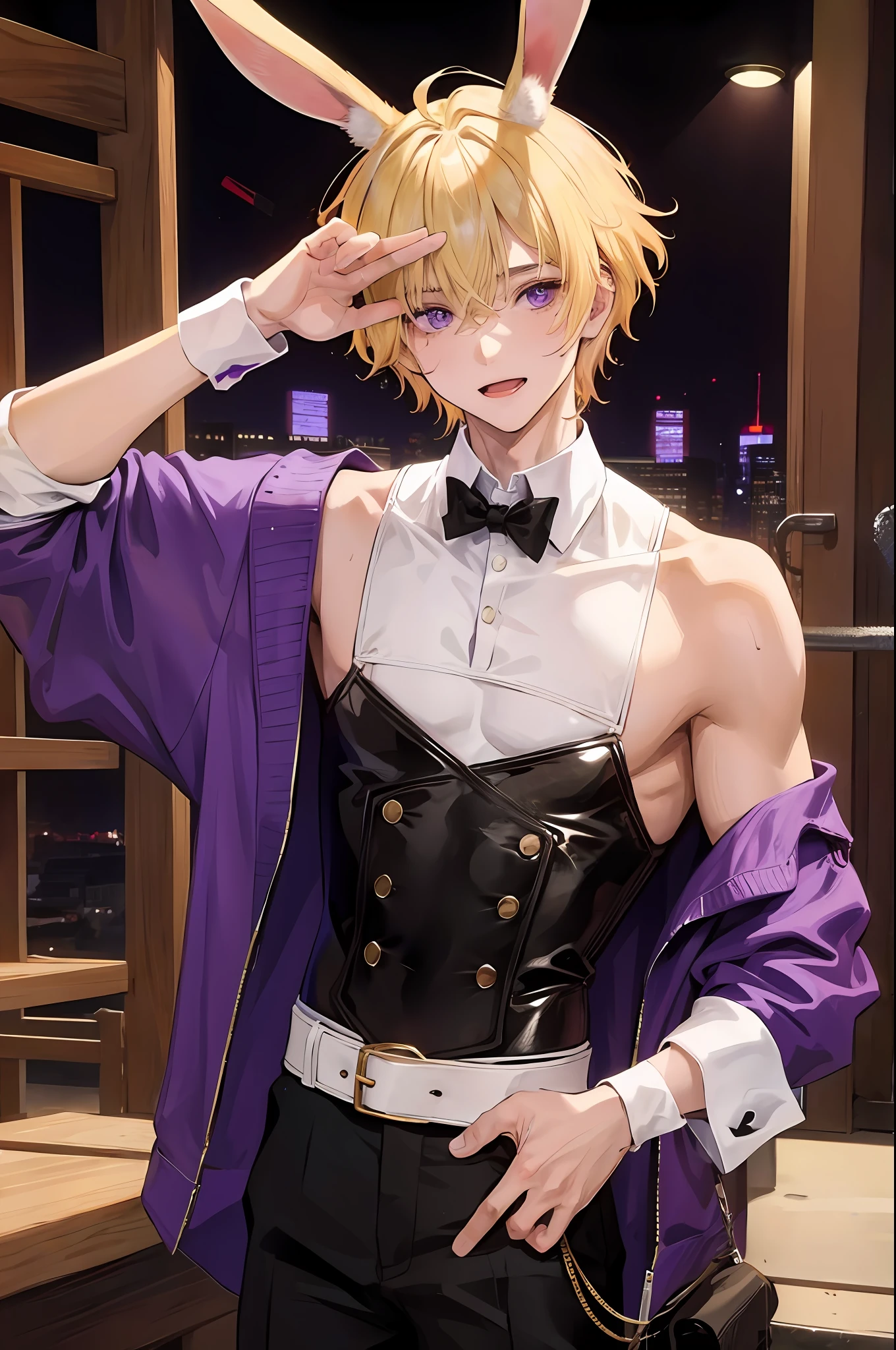 A boy with short blonde hair, purple eyes, and rabbit ears, sexy