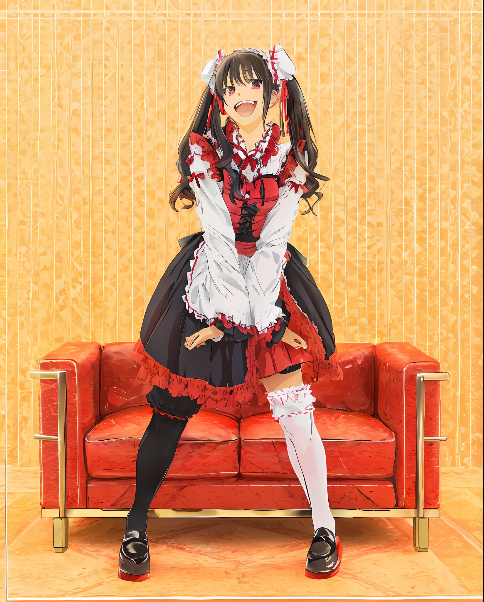 Japan girl in maid outfit posing on red sofa, anime girl in maid costume, maid café in Japan, maid outfit, ta style, anime girl in maid costume, anime girl cosplay, loliashion, twin tails, maid dress, maid dress, asymmetrical, fingers stretched, black shoes