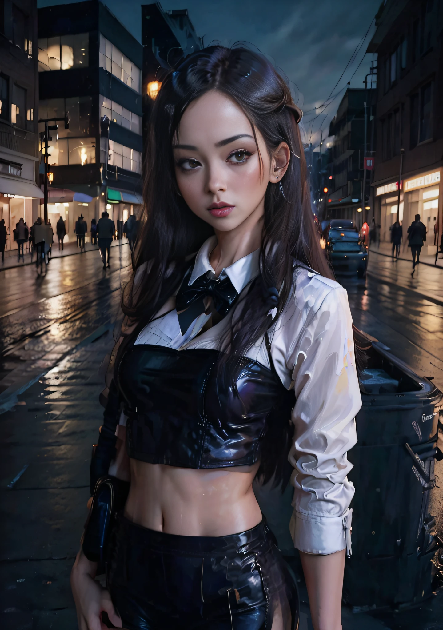 There is a woman standing on a wet street with a bag, a surreal woman, 30 years old, hanging eyes, feminine expression, sexy and charming facial features, surreal woman, woman, Guweiz style artwork, realistic anime 3D style, anime style. 8k, realistic woman, realistic art style, female idol portrait, urban female fan art, cropped shirt and jacket, ultra hd, 32K, masterpiece,