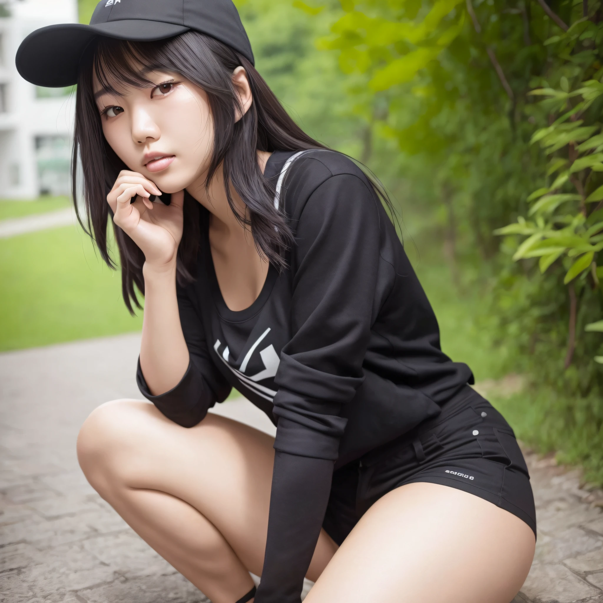 Ultra high res, best quality, photo, solo, best quality, (1 woman: 1.1), (a Korean woman), black shirt, short shorts.