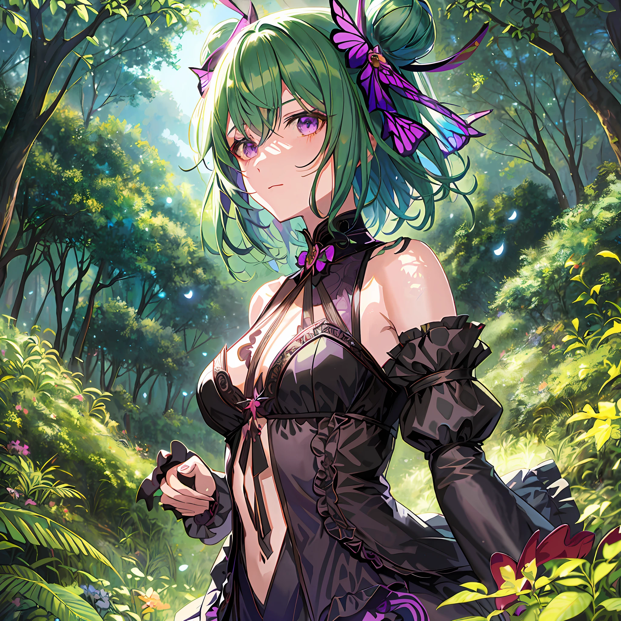 anime girl in a black dress with green hair and purple flowers, a sexy maid in a magical forest, cushart krenz key art feminine, 8k high quality detailed art, a maid in a magical forest, anime lush john 8k woods, high detailed official artwork, highly detailed exquisite fanart, official artwork, detailed key anime art, seductive anime girl