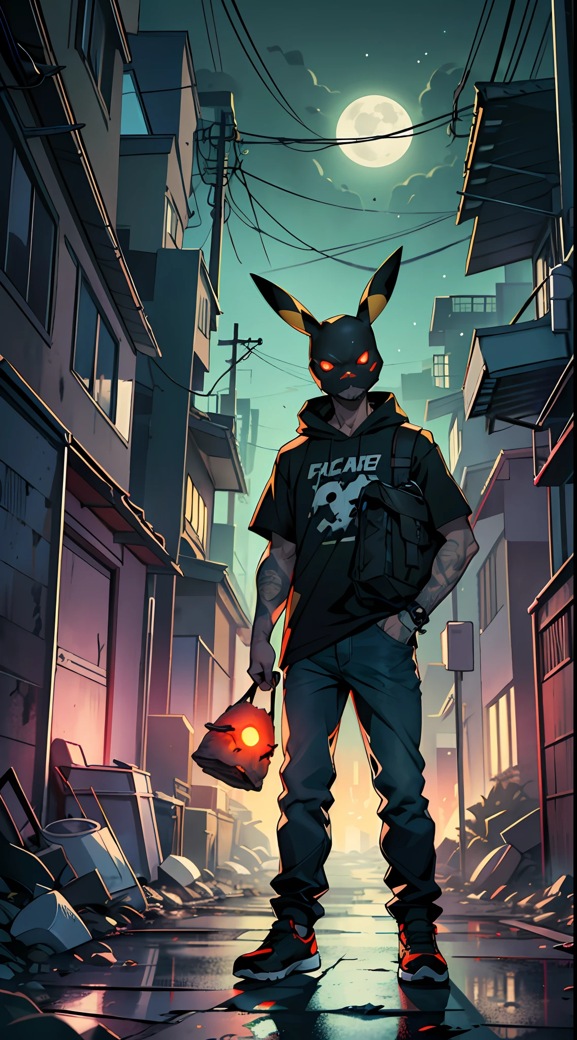 A man in dirty black jeans and a white T-shirt, with a Pikachu head, a Pikachu mask, stands in a gloomy alley between two walls, eyes glowing red, threatening pose, black long shadow from his feet, facing the camera, looking at the camera with glowing red eyes, full-length, very scary, like an illustration for a horror movie, holding a battle in his hands, darkness, Night, a huge moon, an atmosphere of hopelessness, garbage, garbage cans, rats, there is a lot of different garbage on the ground, a huge green glowing puddle, mutagen, a lot of small details in the picture, excellent detailed drawing