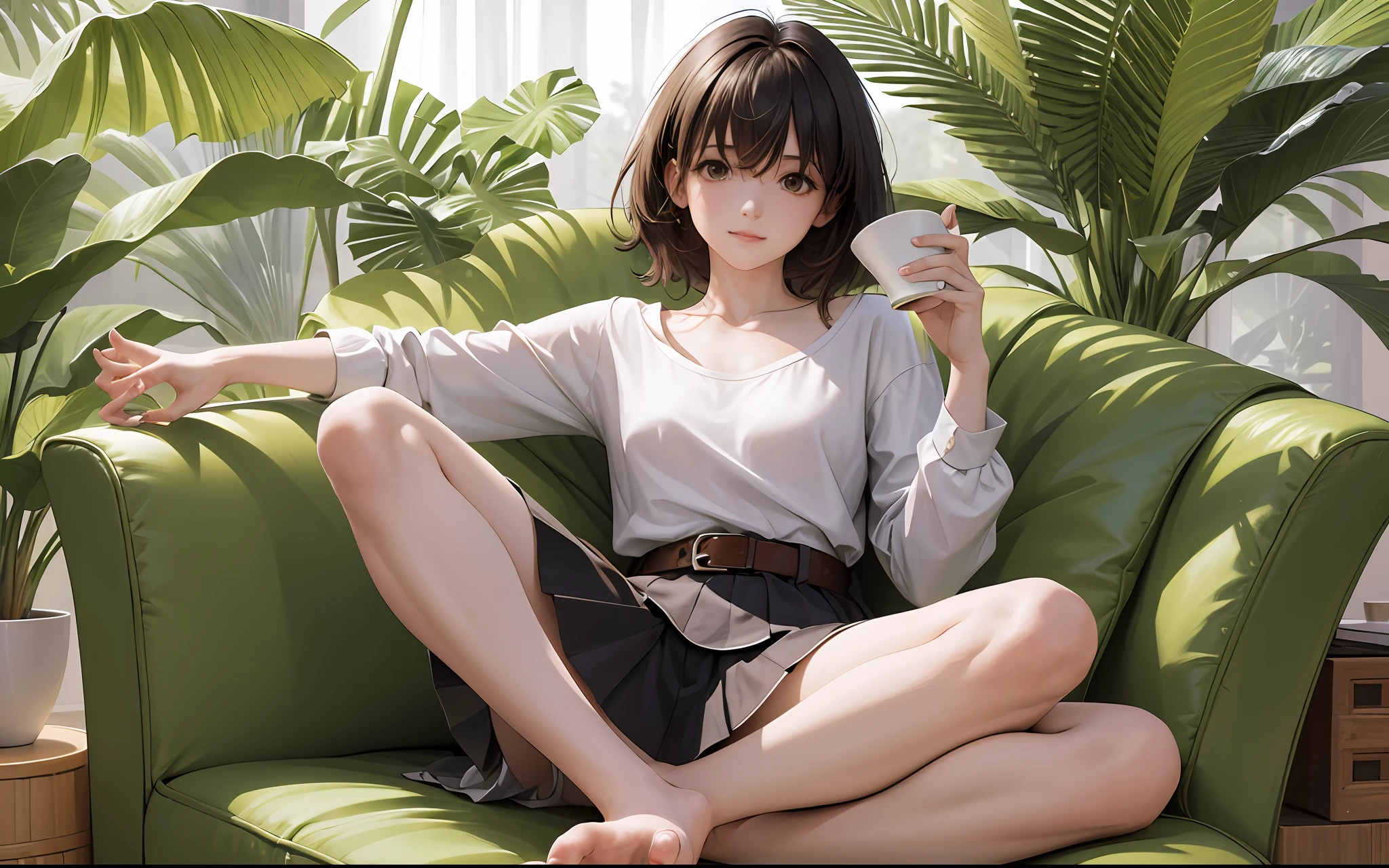 1girl, full body, armchair, bamboo, bangs, bare legs, barefoot, belt, blinds, breasts, coffee, coffee mug, collarbone, couch, crossed legs, cup, feet, grass, hair between eyes, holding, holding cup, indoors, leaf, short hair, light smile, happy, looking at viewer, ahoge, messy hair, mug, short skirt, palm tree, plant, potted plant, shirt, sitting, small breasts, soles, solo, steam, white shirt, --auto --s2
