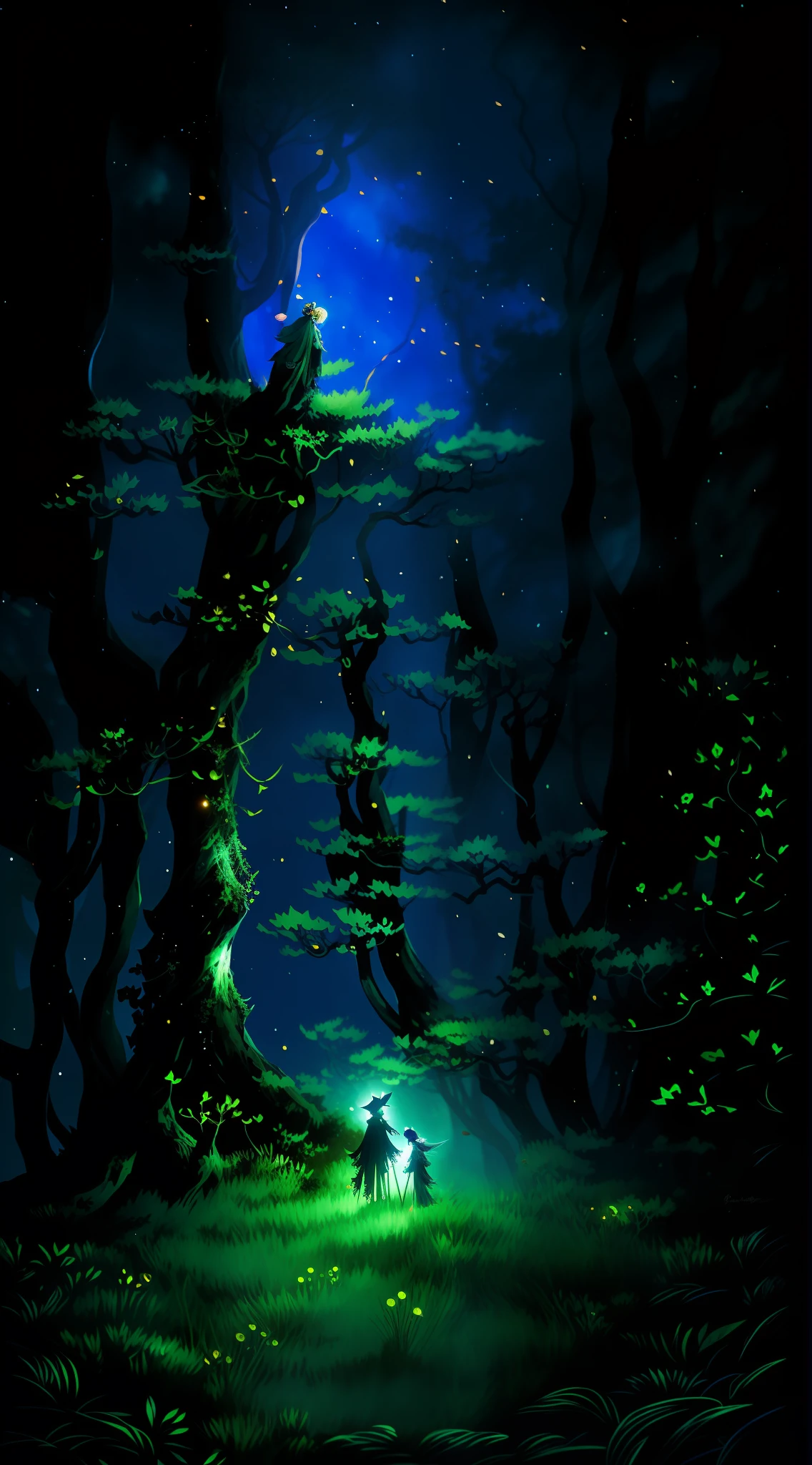 (Conservation Diffusion) + Excellent quality standards + Intricate and slender line depiction + Rich Guweiz style + Guweiz on the popular ArtStation Pixiv + Full of mystery and romance + Shining glossy shape + Mysterious and deep forest soul + Beautiful depiction style +Mesmerizing anime fantasy illustration., classical style, dark green, dark green, secluded, foggy deep forest, smaller characters, two characters, dim light, light and shadow contrast, fairy tale style, fluorescent flowers, non-close-up, dim light and shadow, aesthetic, night starry sky, sea of stars, aurora