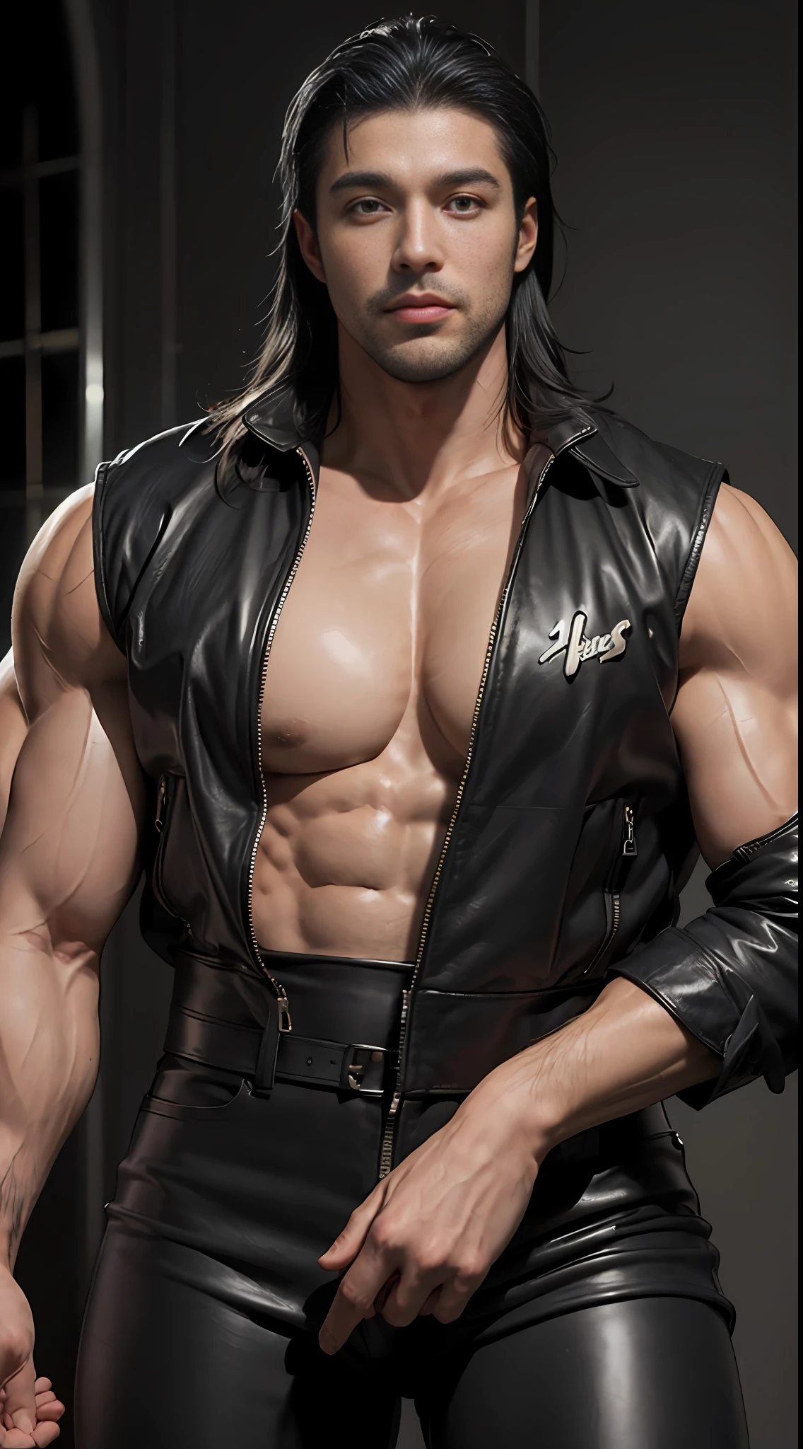 (((Handsome man))) with black hair. (large muscles:1.6), perfect skin,8k. Dressed in tight black leather pants. Topless
