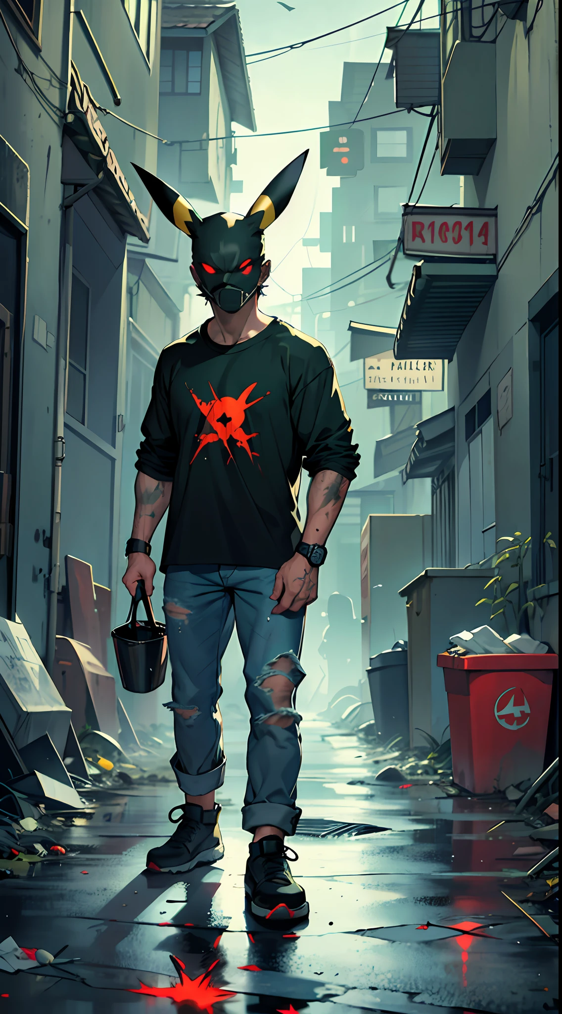 A man in dirty black jeans and a white T-shirt, with a Pikachu head, a Pikachu mask, stands in a gloomy alley between two walls, eyes glowing red, threatening pose, black long shadow from his feet, facing the camera, looking at the camera with glowing red eyes, full-length, very scary, like an illustration for a horror movie, holding a battle in his hands, darkness, Night, a huge moon, an atmosphere of hopelessness, garbage, garbage cans, rats, there is a lot of different garbage on the ground, a huge green glowing puddle, blood, blood splatters, a butcher's knife, rats, mutagen, many small details in the picture, excellent detailed drawing