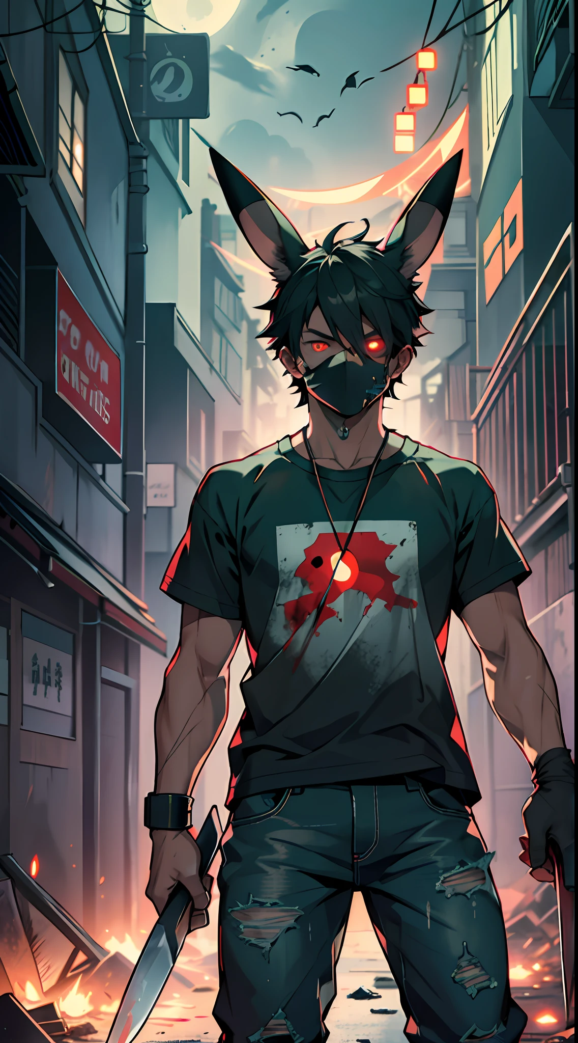 A man in dirty black jeans and a white T-shirt, with a Pikachu head, a Pikachu mask, stands in a gloomy alley between two walls, eyes glowing red, threatening pose, black long shadow from his feet, facing the camera, looking at the camera with glowing red eyes, full-length, very scary, like an illustration for a horror movie, holding a battle in his hands, darkness,  Night, a huge moon, an atmosphere of hopelessness, garbage, garbage cans, rats, there is a lot of different garbage on the ground, a huge green glowing puddle, blood, blood splatters, a butcher's knife, rats, mutagen, many small details in the picture, excellent detailed drawing