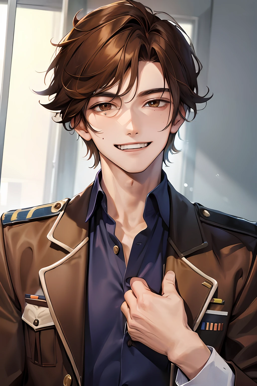 Male teenager, bad boy, school environment, unkempt uniform, brown hair and brown eyes, evil smile