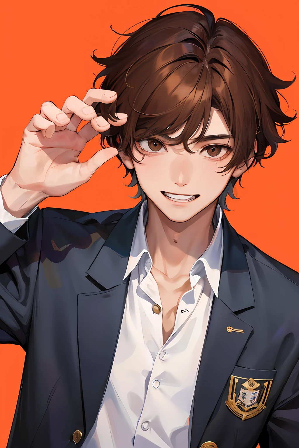 A boy, teenager, bad boy, school environment, unkempt school uniform, brown hair and brown eyes, sadistic smile