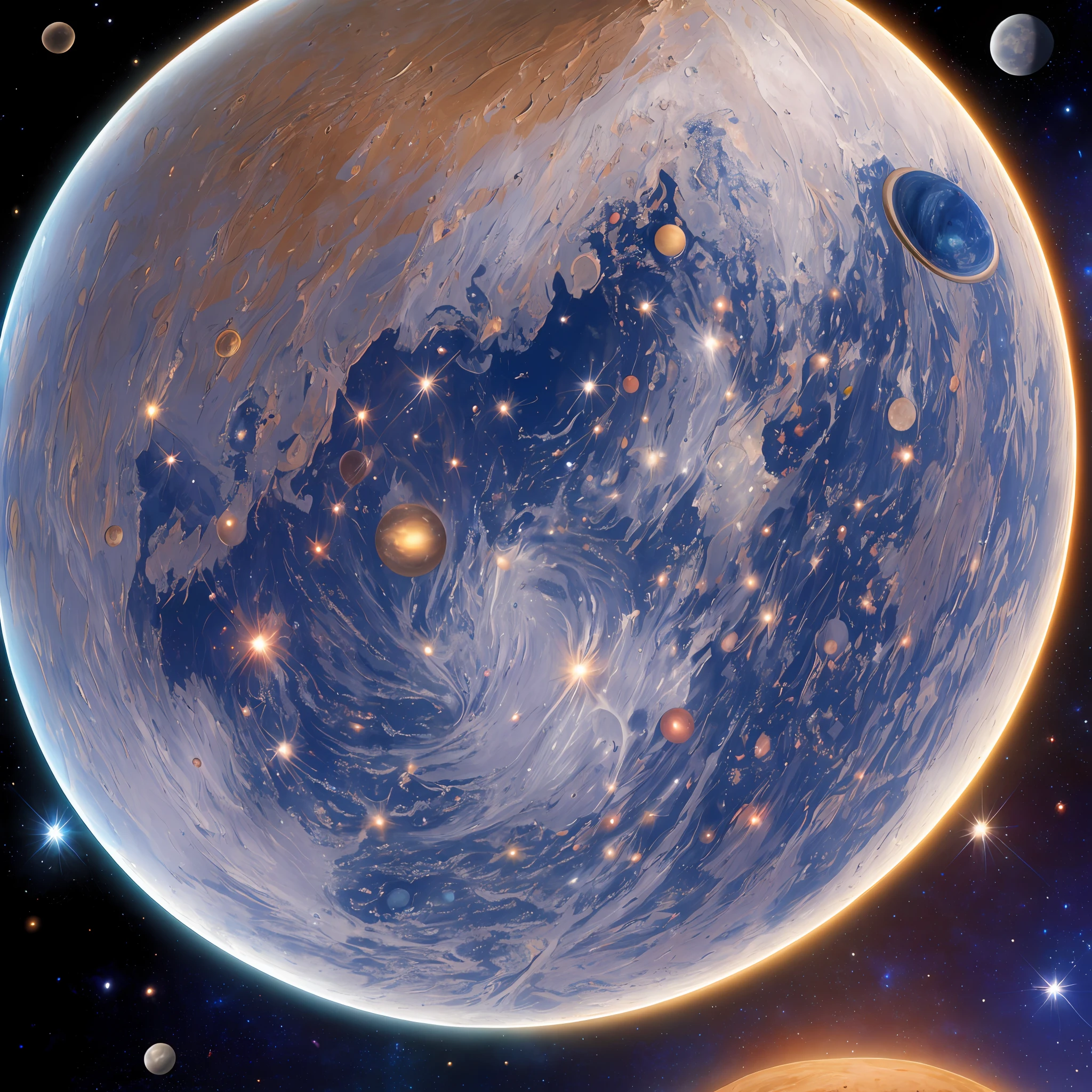 A masterpiece, the best quality, impressive reflections, the best reflections of all time. (very detailed 8k CG unit wallpapers), (best quality), (best illustrations), (best shadows), theme of the Moon seen from a satellite, with natural elements of the universe. Bright stars, planet earth and mars, asteroids and bright particle effects, (natural elements), (theme of the universe), (asteroids), (planets), (stars), --auto --s2