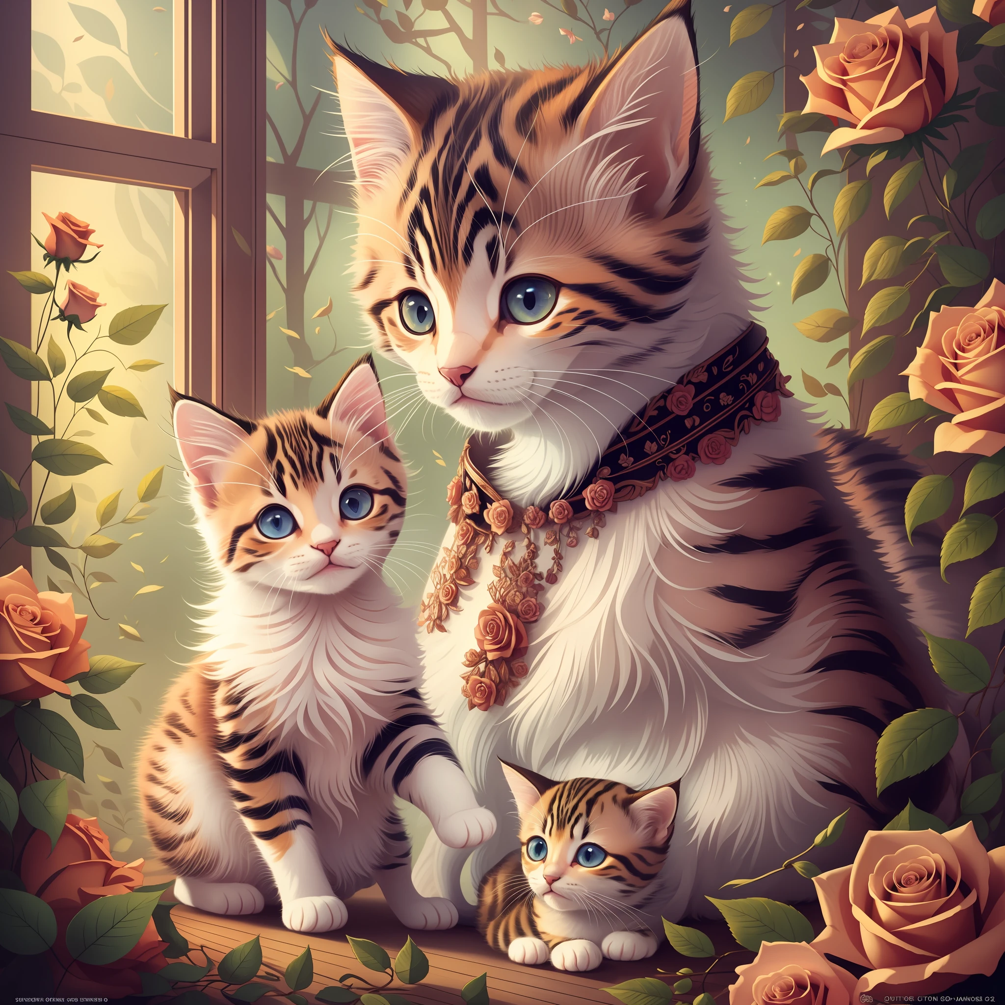 In this ultra-detailed CG art, the adorable kitten surrounded by ethereal roses, best quality, high resolution, intricate details, fantasy, cute animals --auto --s2