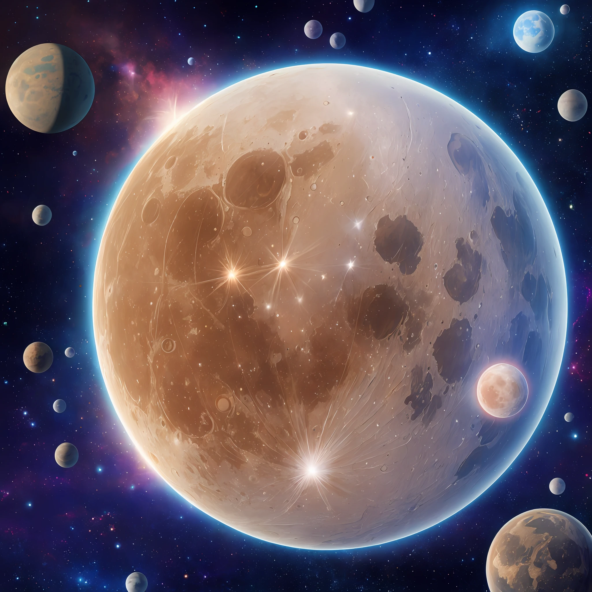 A masterpiece, the best quality, impressive reflections, the best reflections of all time. (very detailed 8k CG unit wallpapers), (best quality), (best illustrations), (best shadows), theme of the Moon seen from a satellite, with natural elements of the universe. Bright stars, planet earth and mars, asteroids and bright particle effects, (natural elements), (theme of the universe), (asteroids), (planets), (stars), --auto --s2