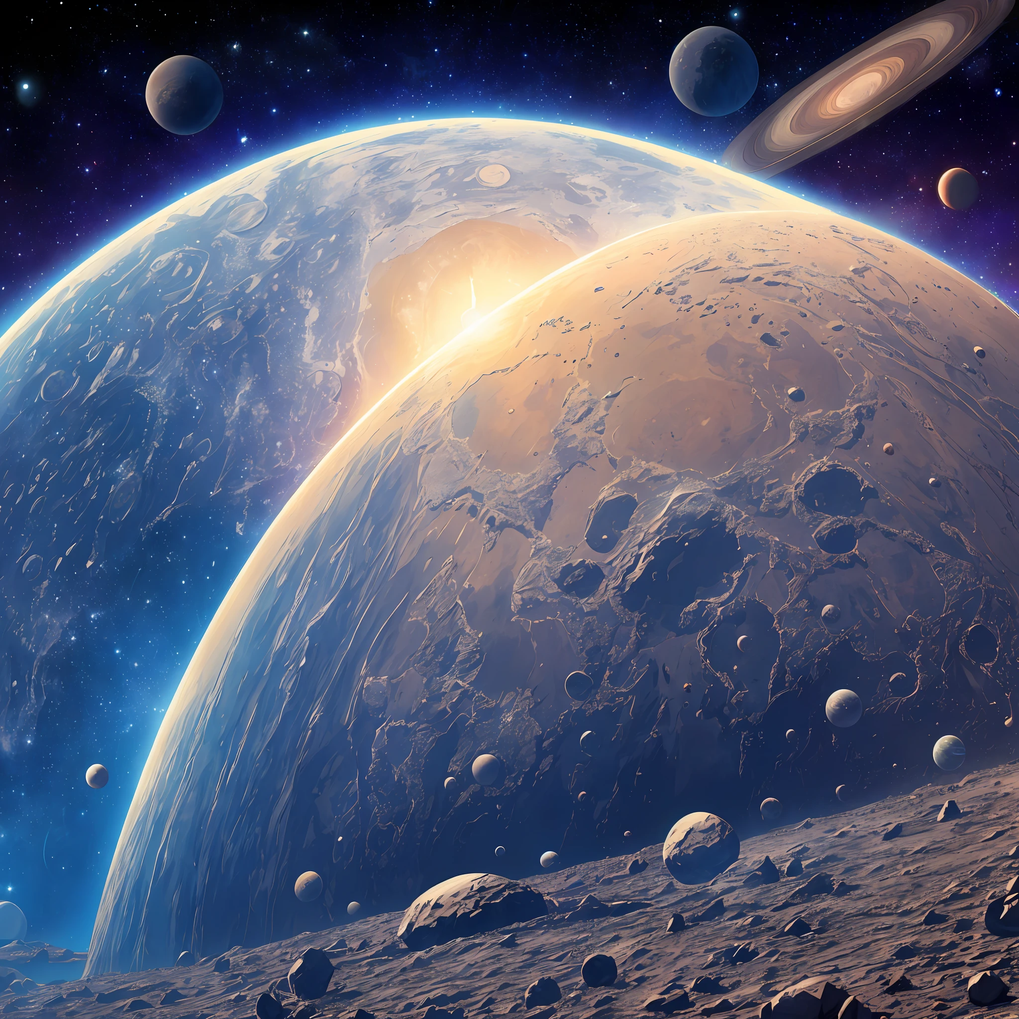 A masterpiece, the best quality, impressive reflections, the best reflections of all time. (very detailed 8k CG unit wallpapers), (best quality), (best illustrations), (best shadows), theme of the Moon seen from a satellite, with natural elements of the universe. Bright stars, planet earth and mars, asteroids and bright particle effects, (natural elements), (theme of the universe), (asteroids), (planets), (stars), --auto --s2
