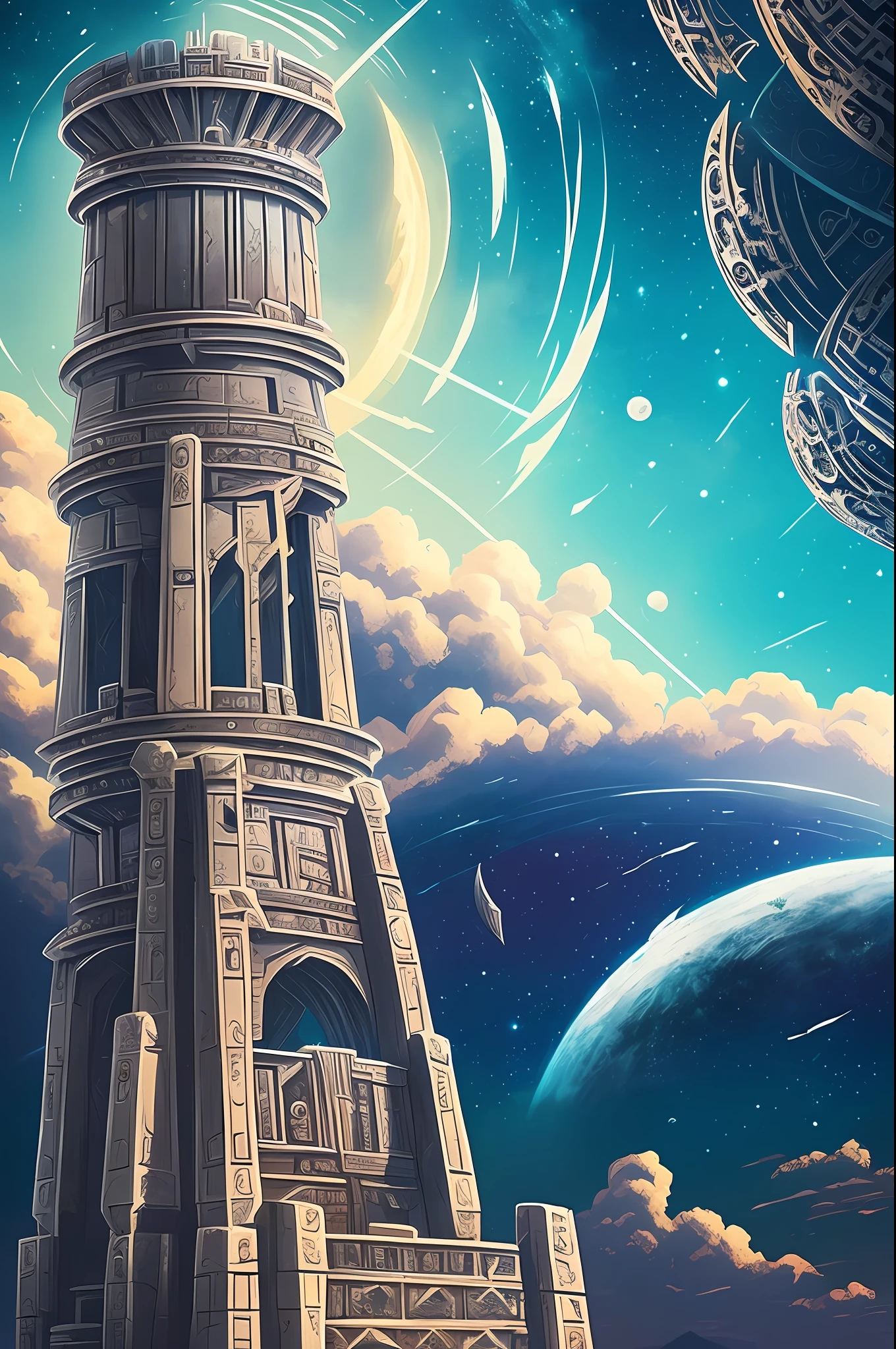 Closeup illustration of an ancient tower with a crack in the sky with planet earth in focus, concept art, gigantic pillars, symmetrical epic fantasy art, epic fantasy science fiction illustration, artistic art masterpiece --auto --s2