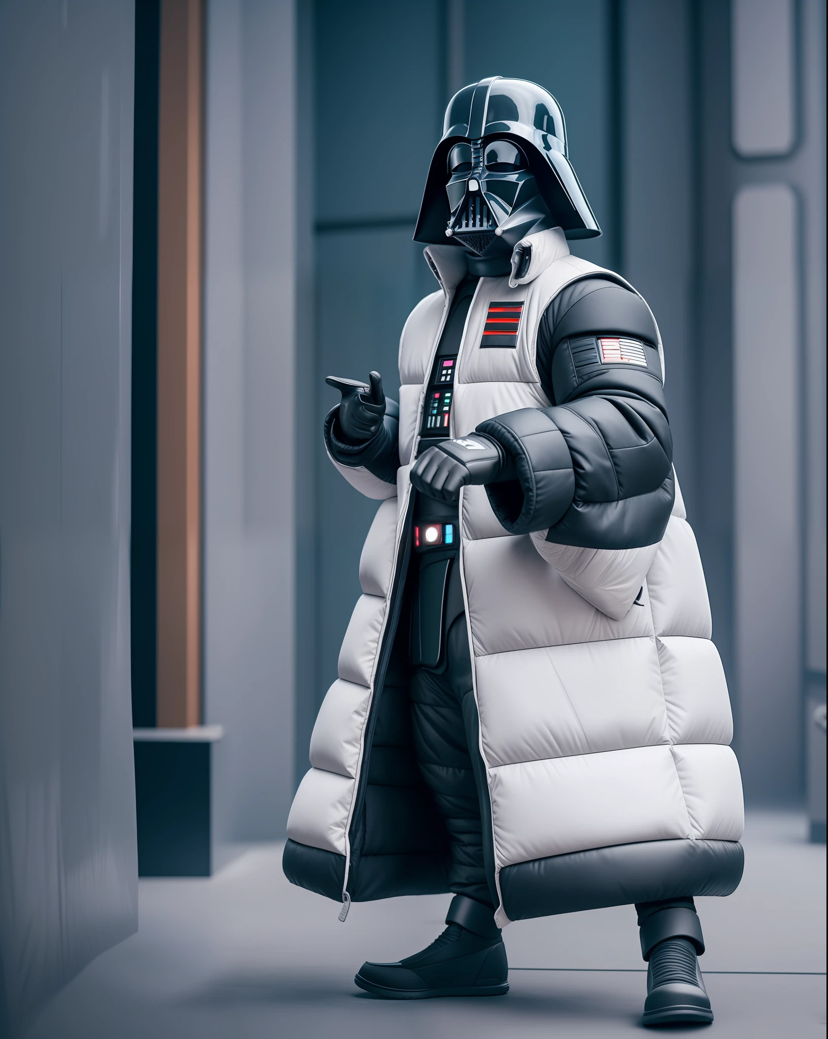 Star wars Darth Vader Character wearing Balenciaga puffy jacket in drill rap music video, throwing up gang signs with hands, taken using a Canon EOS R camera with a 50mm f/1.8 lens, f/2.2 aperture, shutter speed 1/200s, ISO 100 and natural light, Full Body, Hyper Realistic Photography, Cinematic, Cinema, Hyperdetail, UHD, Color Correction, hdr, color grading, hyper realistic CG animation 2 --auto --s2