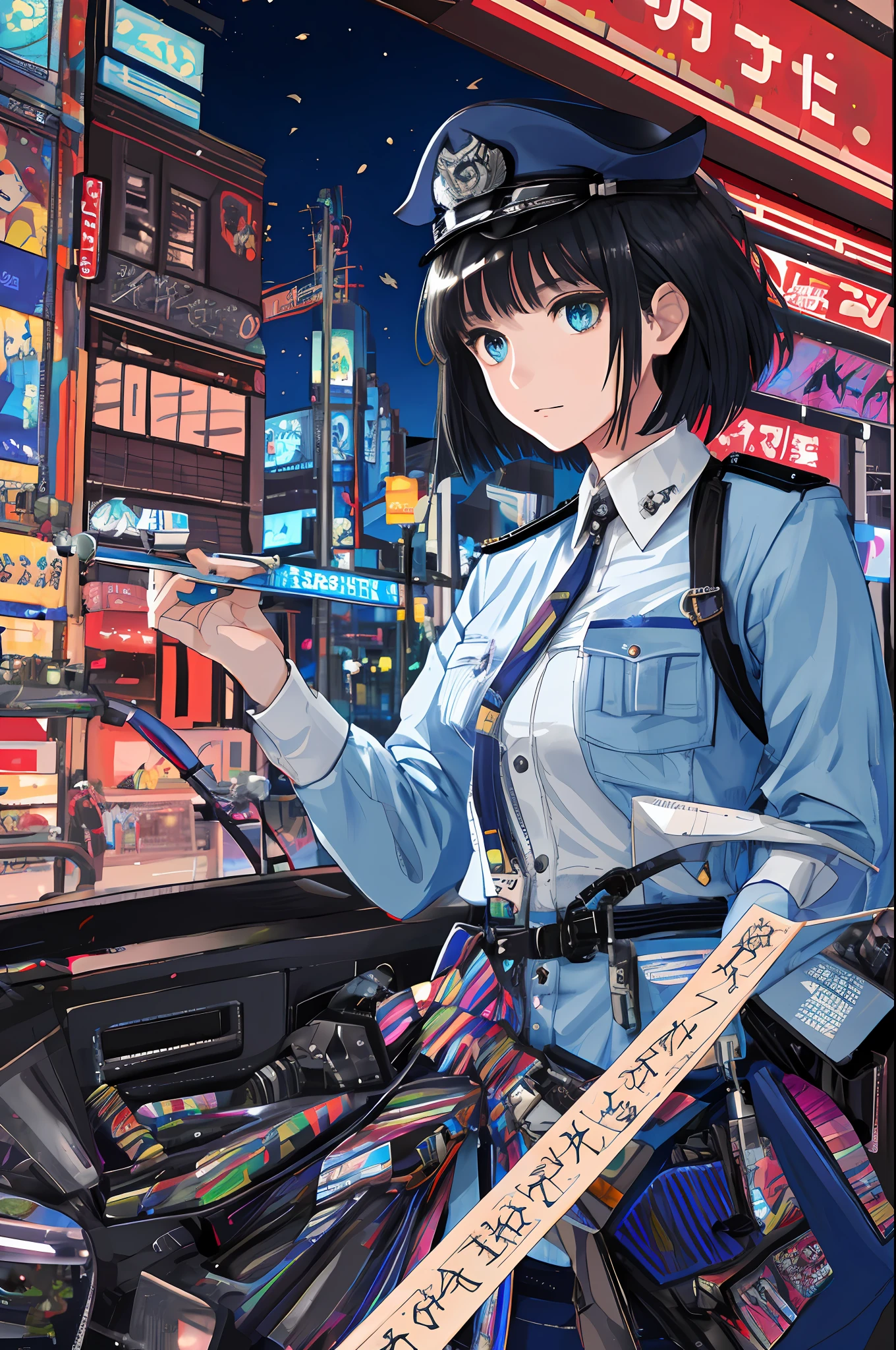 masterpiece, wide angle lens, masterpiece portrait of female police officer in Shibuya at night, Shibuya center street, voluminous neon lighting caustics, pistol, aquamarine eyes, intricate details, pipe, cable, slim body, uniform, cap, police box, police station, traffic light, intersection, motorcycle, baton, police car, woman with short black hair, beautiful face, beautiful eyes,