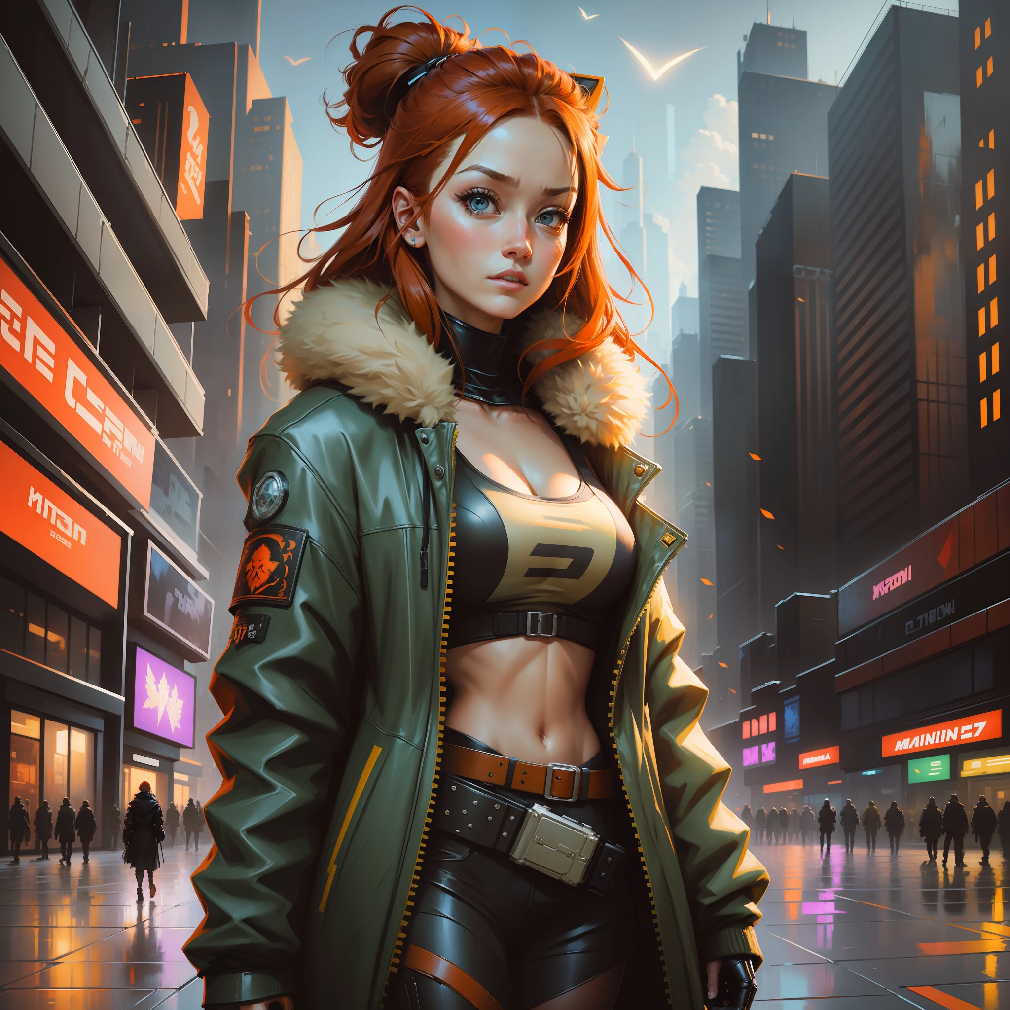 cyberpunk ginger vixen at central plaza of post apocalyptic city, Light field photography, wide angle lens f/2.8, ultra insane high resolution intricate textures, texture indentation, 32k raw professional photo, perfect perspective, perfect geometry, ultra insane ambient lighting, ultra insane ambient shadows, luminism, ultra detailed busy background, bouncing lighting, tessellation, maximalism, IPA Award wining masterpiece, art by Afremov, Kashin, Aenami, Jeremy Mann