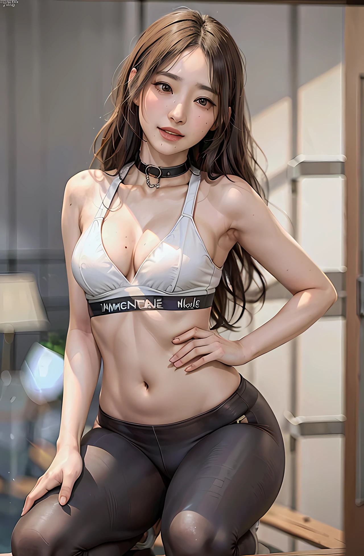 masterpiece, best quality, realistic, ultra-detailed, detailed, 1 girl, (asian, idol, solo, collar, slim waist, small breasts, cleavage, long hair, brown hair,) (sports bras, leggings, shorts, complete bodysuit, tennis) in the gym,
Colleagues,ahegao,lspread_legs,random view,sexy,
closed mouth, seductive smile, detailed skin, pores, dark studio, kidney lighting, two tone lighting, cameltoe,
(PureErosFace_V1:0.7)