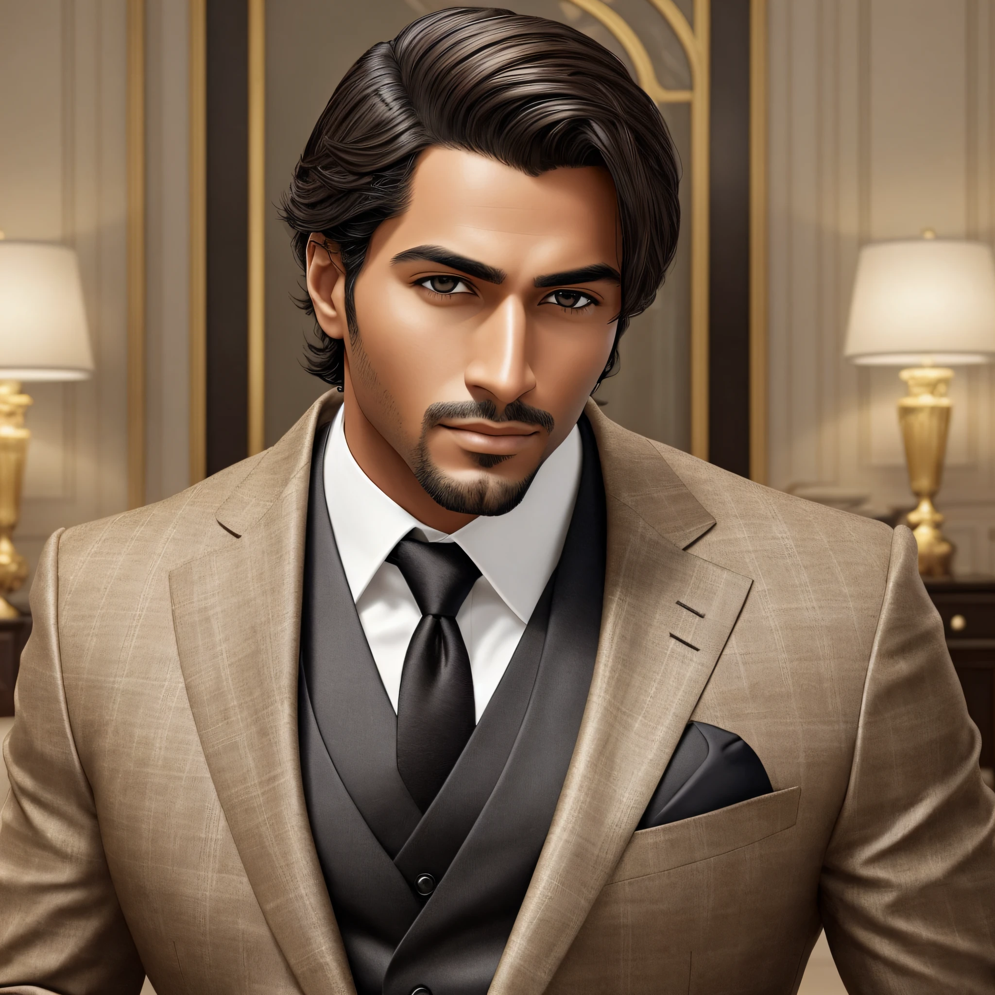 Create an ultra-realistic image of a man with brown skin, black hair and dark brown eyes, dressed in an elegant suit. Make sure every detail is as realistic as possible, from the folds of the fabric to the features of the character's face. To emphasize the sophistication and elegance of the character, make him have a haughty and confident posture. Your eyes should convey a powerful intensity, reflecting your intelligence and skill in all situations. Place it in an environment that enhances its presence, such as a high-end office or sophisticated event venue. Make sure that all the elements of the environment, from the furniture to the lighting, are in harmony with the elegant and impeccable appearance of the character. Ensure that the character's skin tone is correct, to avoid any stereotyping or misconception regarding appearance. The lighting should be adjusted to enhance the unique beauty of brown skin.. In short, the image should portray an ultra-realistic, confident and sophisticated man with brown skin, black hair and dark brown eyes, dressed in an elegant suit. The goal is to create an image that conveys elegance, quality and sophistication, with every detail created realistically and accurately. @F. --auto --s2