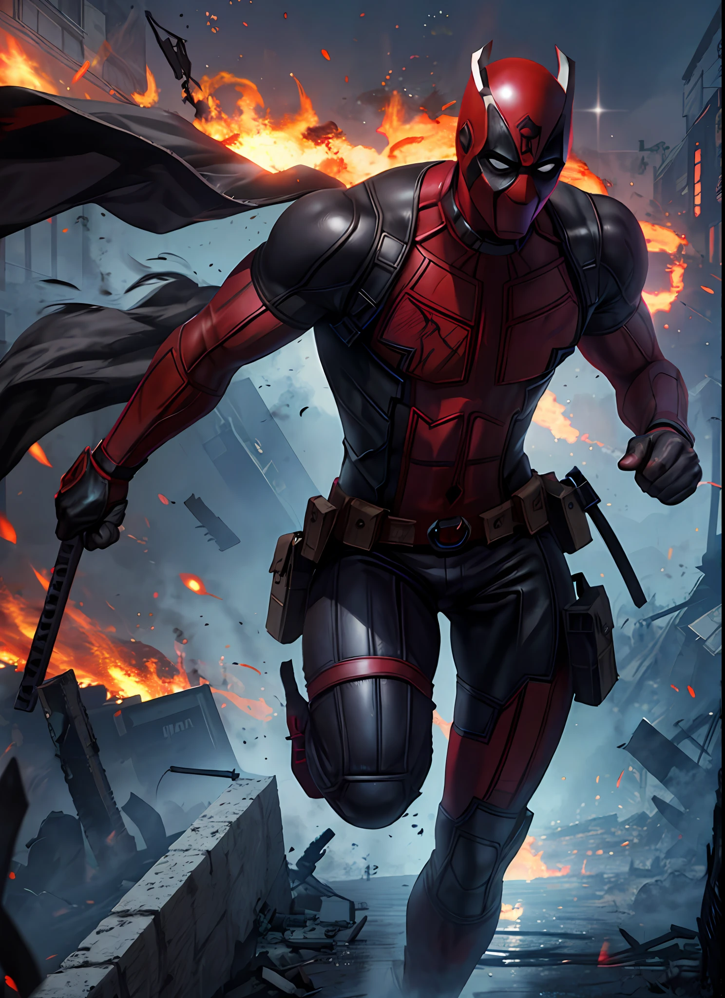 fighting, Deadpool from Marvel, in a destroyed city, smoke and fire, glowing power aura, dynamic pose, dynamic view