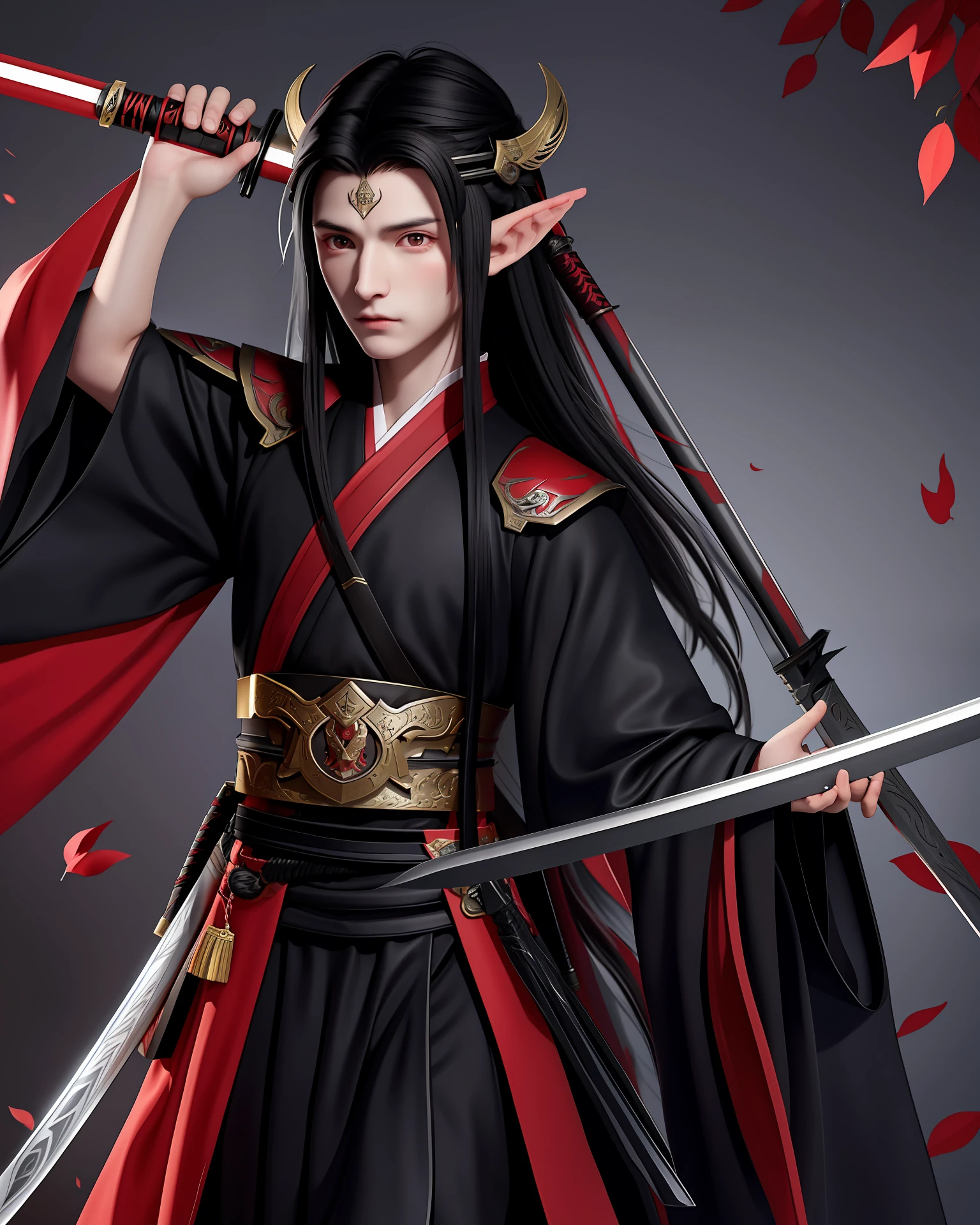 A young warrior with long black hair and red eyes, half elf, wearing a black robe. He holds a katana sword with the black and red hilt