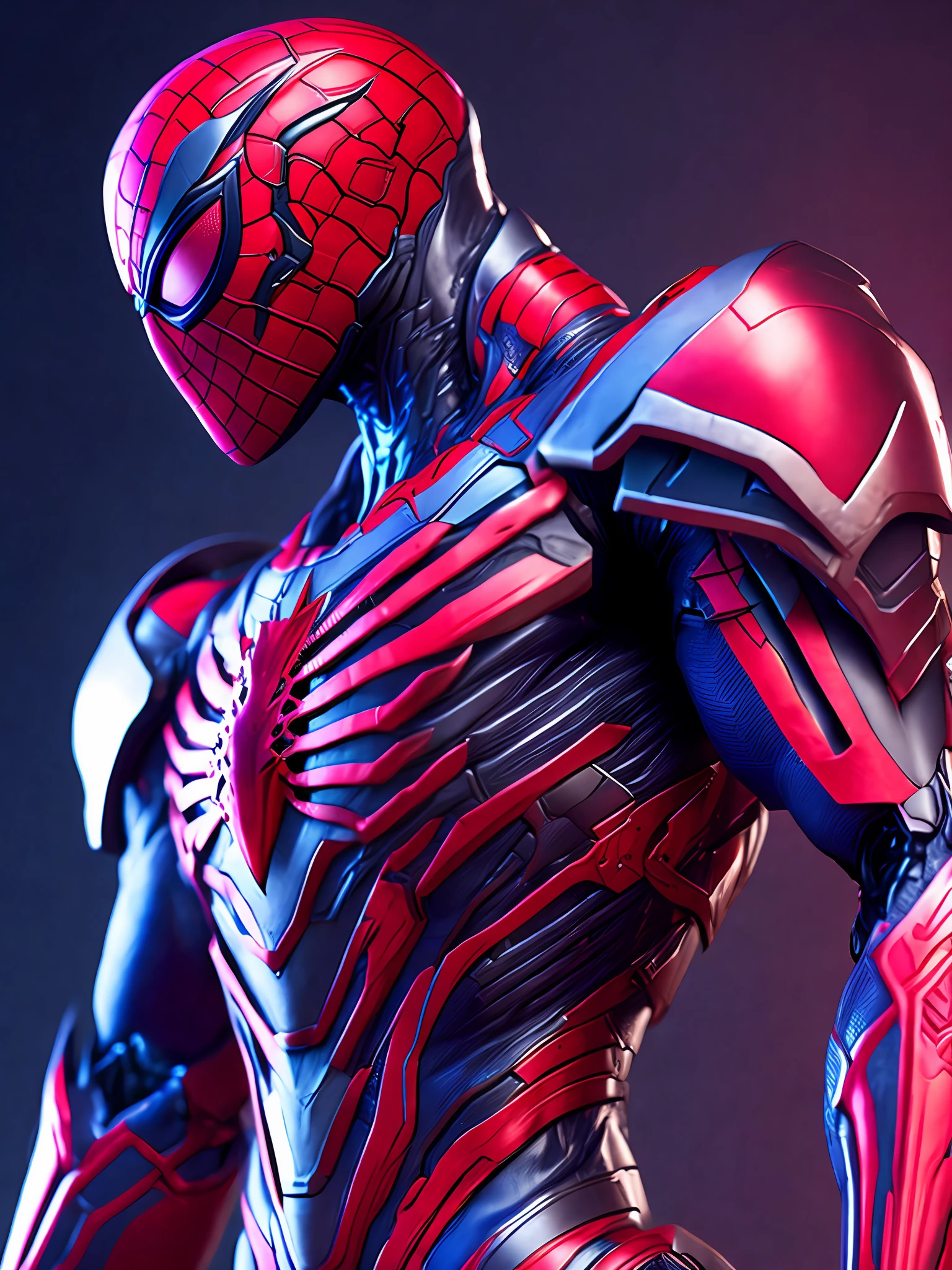a photograph of spider man 2099, biomechanical, complex robot, full body, hyper realistic, insane fine details, Extremely sharp lines, cyberpunk aesthetic, a masterpiece, featured on zbrush central